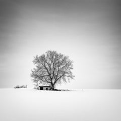 Wine Press House, neige, hiver, photographie de paysage en noir et blanc.