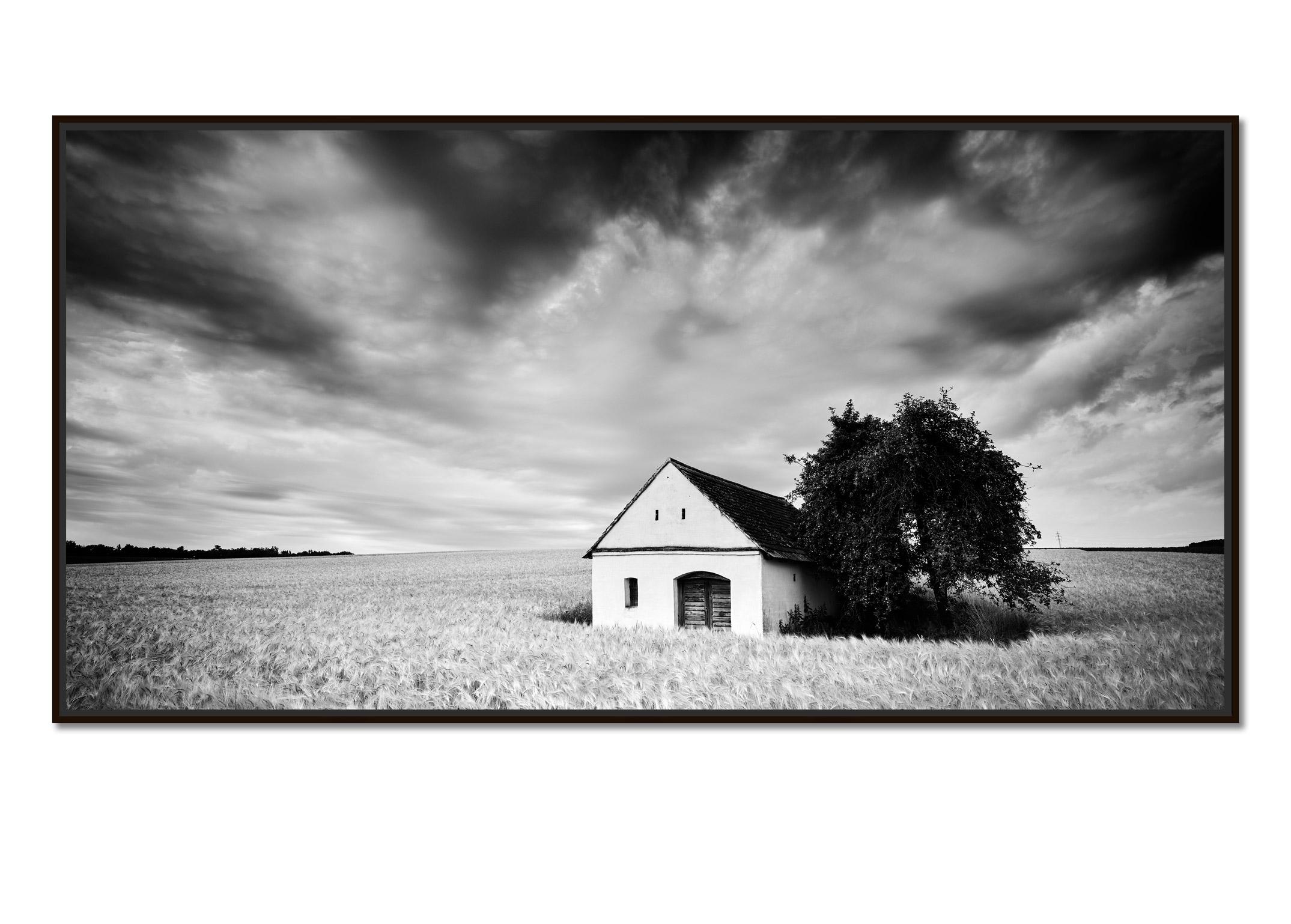 Wine Press House Panorama, Farmland, black and white photography, art landscape - Photograph by Gerald Berghammer