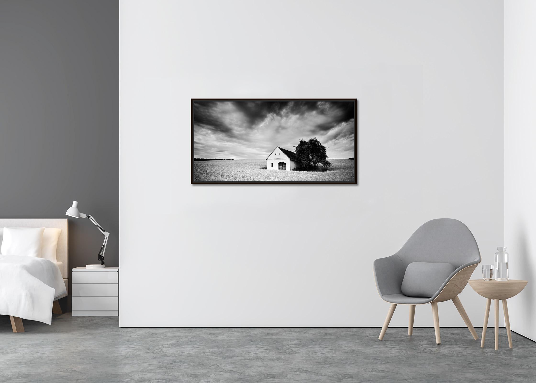 Wine Press House Panorama, Farmland, black and white photography, art landscape - Contemporary Photograph by Gerald Berghammer