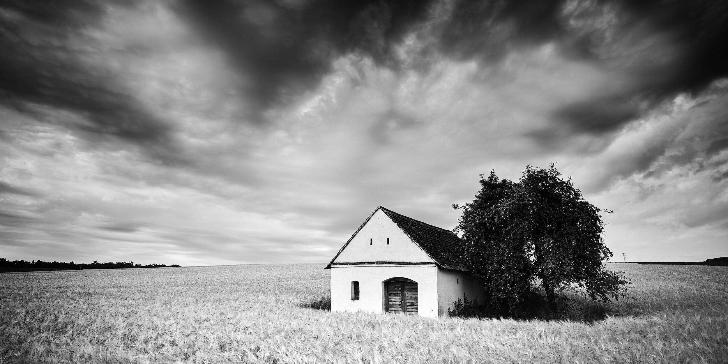 Gerald Berghammer Black and White Photograph - Wine Press House Panorama, Farmland, black and white photography, art landscape