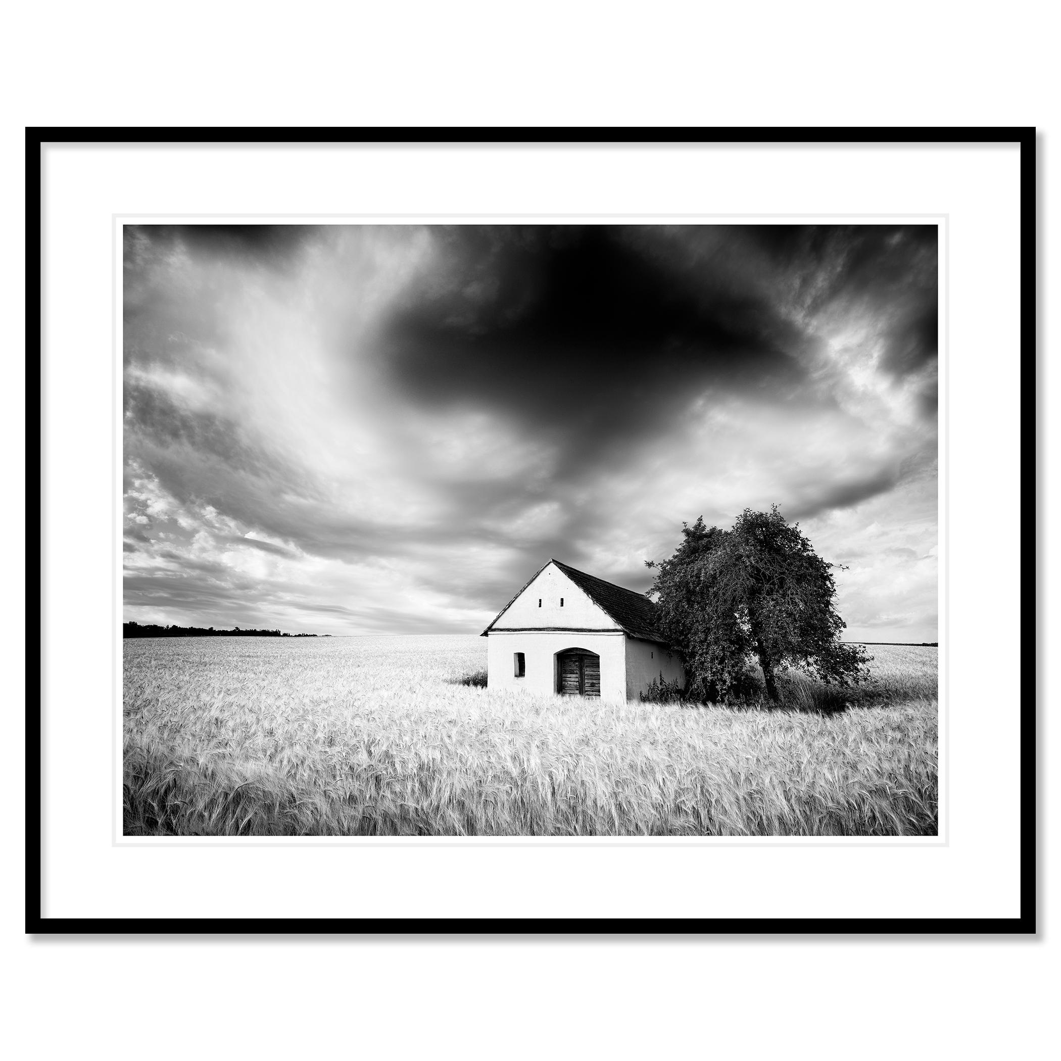 Maison du pressoir, champ de blé, nuages lourds, photographie de paysage en noir et blanc en vente 1