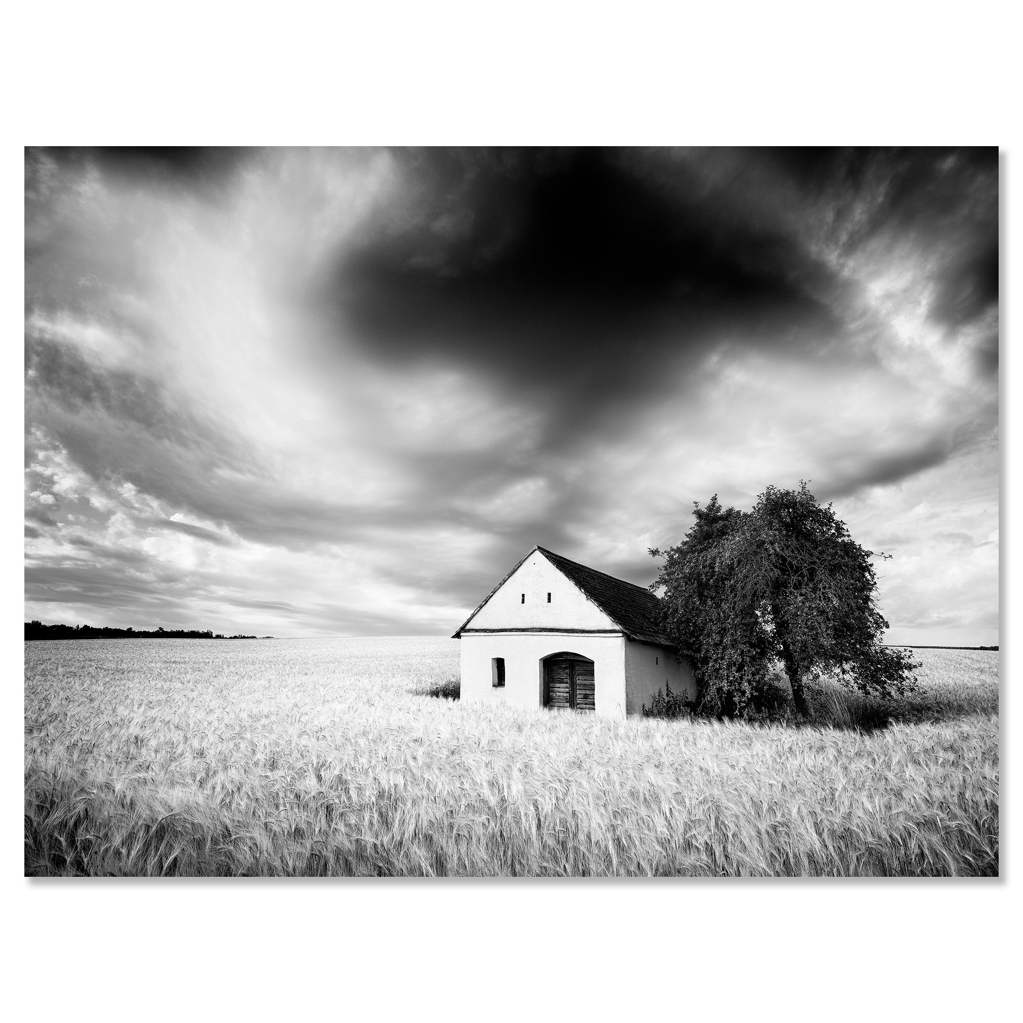 Maison du pressoir, champ de blé, nuages lourds, photographie de paysage en noir et blanc en vente 3