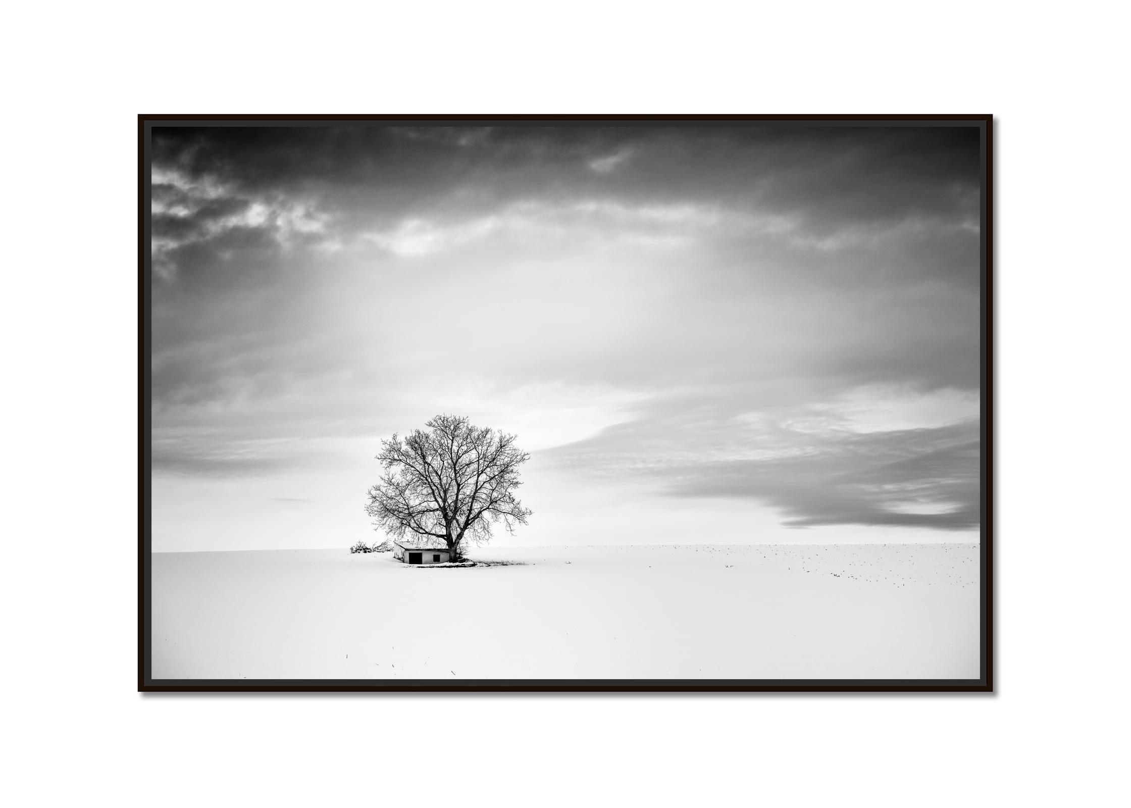 Wine Press House, winter, snow, black and white fine art landscape photography - Photograph by Gerald Berghammer