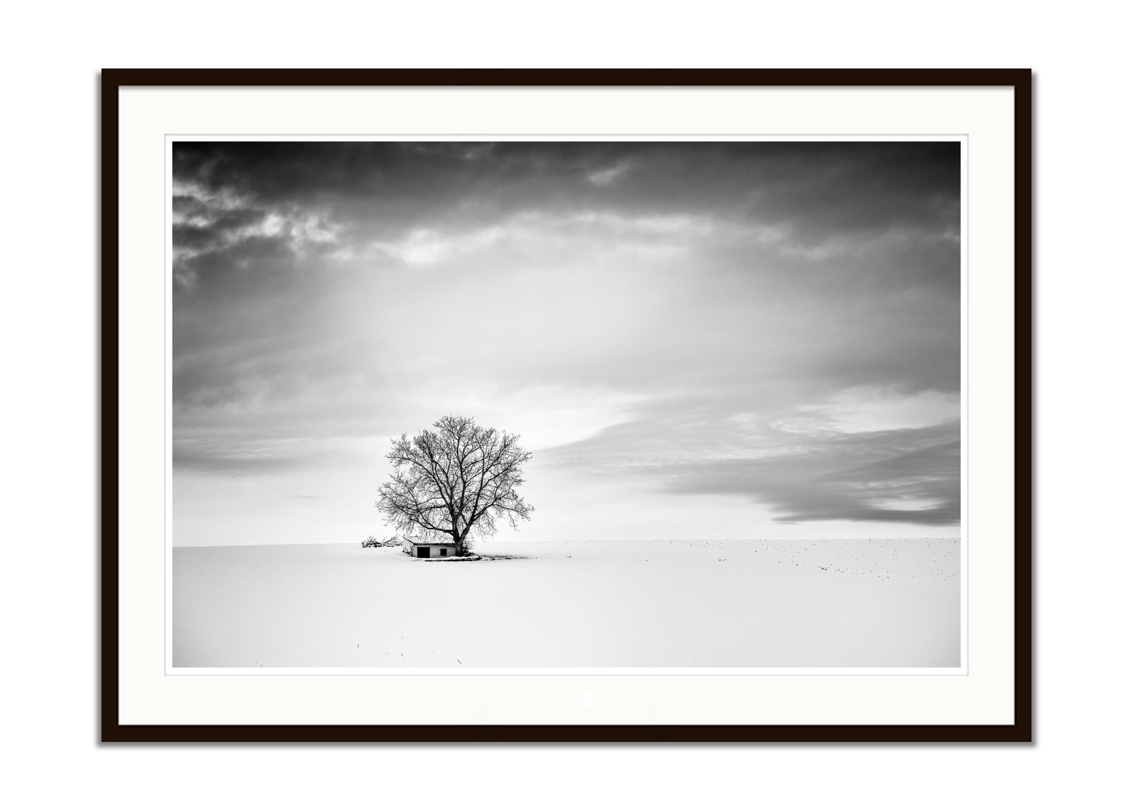 Wine Press House, winter, snow, black and white fine art landscape photography - Gray Black and White Photograph by Gerald Berghammer