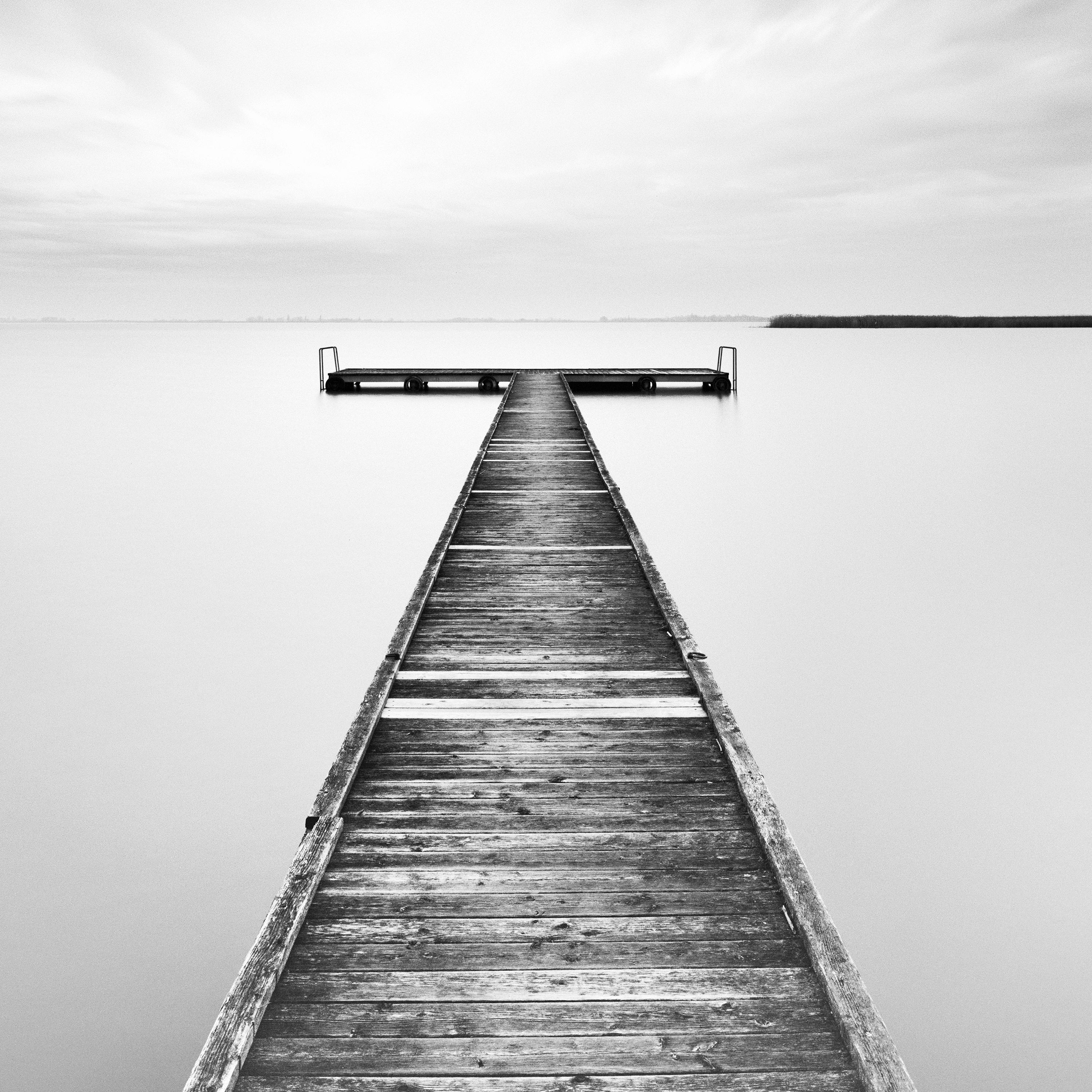 Winter Storm, lake, minimalist wood pier, black white art waterscape photography For Sale 3