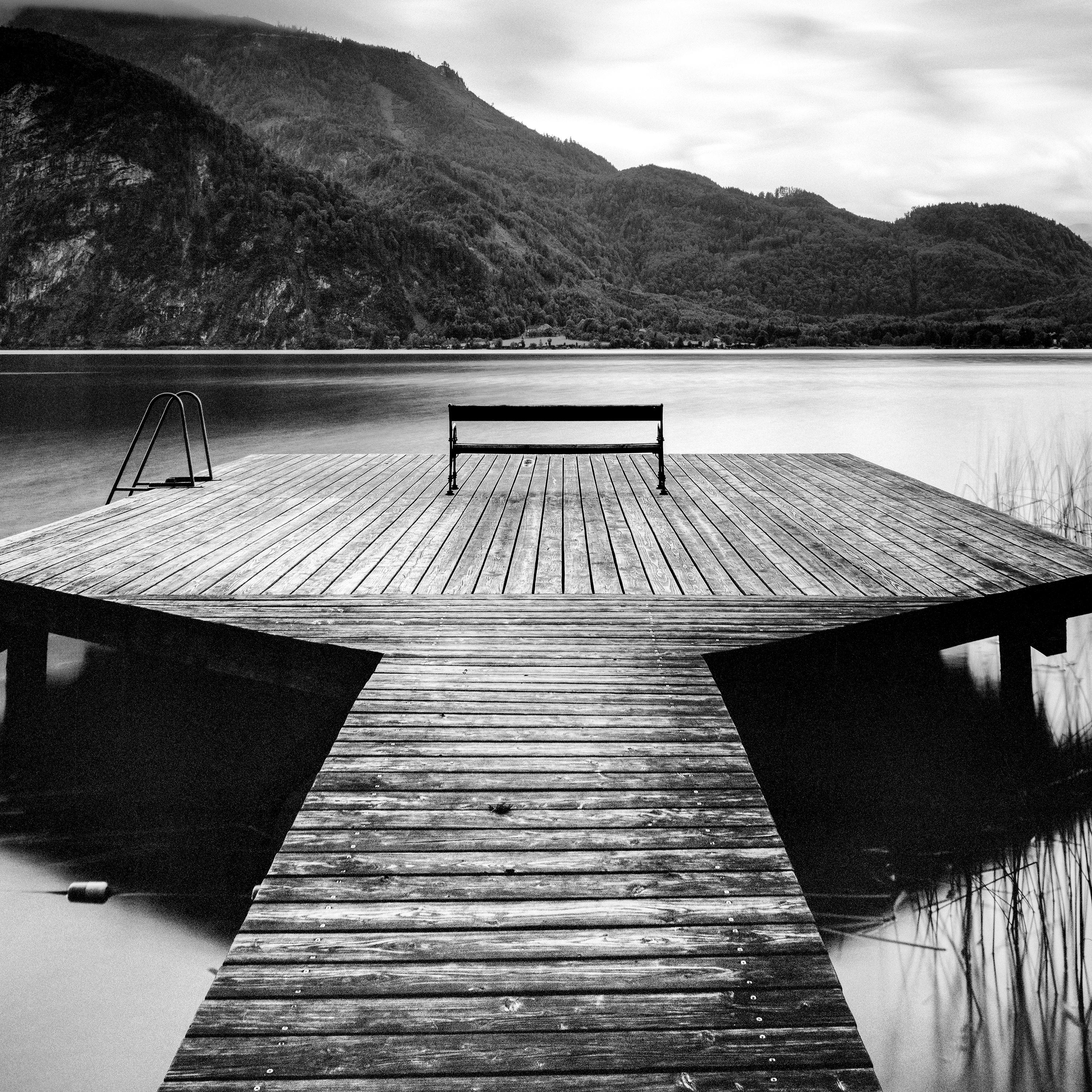 Wood Pier, lake, cloudy, storm, black and white photography, fine art waterscape For Sale 2
