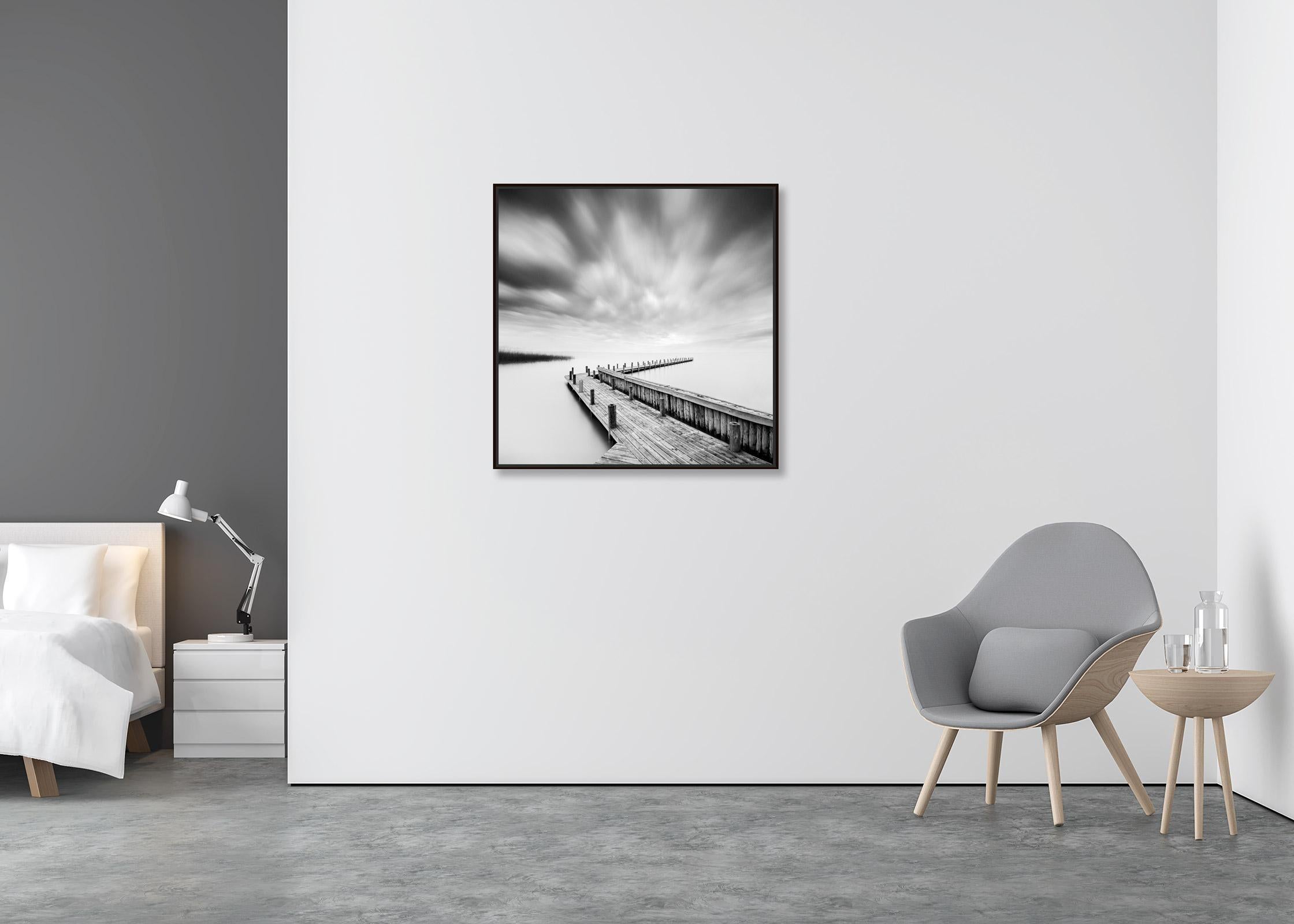 Wood Pier, lake, storm, black & white long exposure art waterscape photography - Contemporary Photograph by Gerald Berghammer