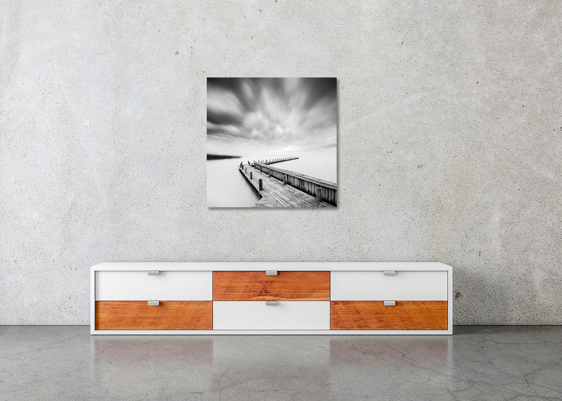 Wood Pier, lake, storm, black & white long exposure art waterscape photography For Sale 1
