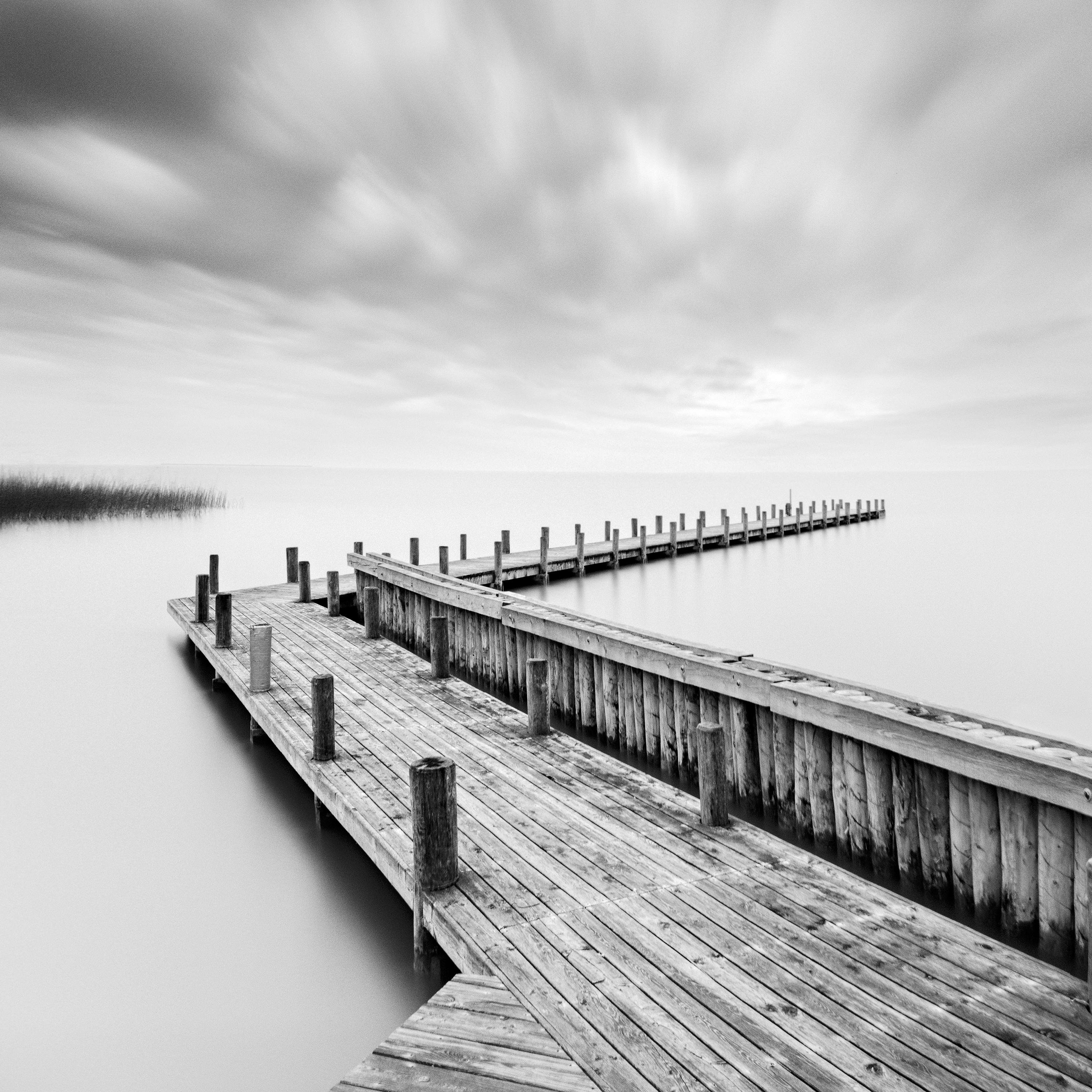 Wood Pier, lake, storm, black & white long exposure art waterscape photography For Sale 3