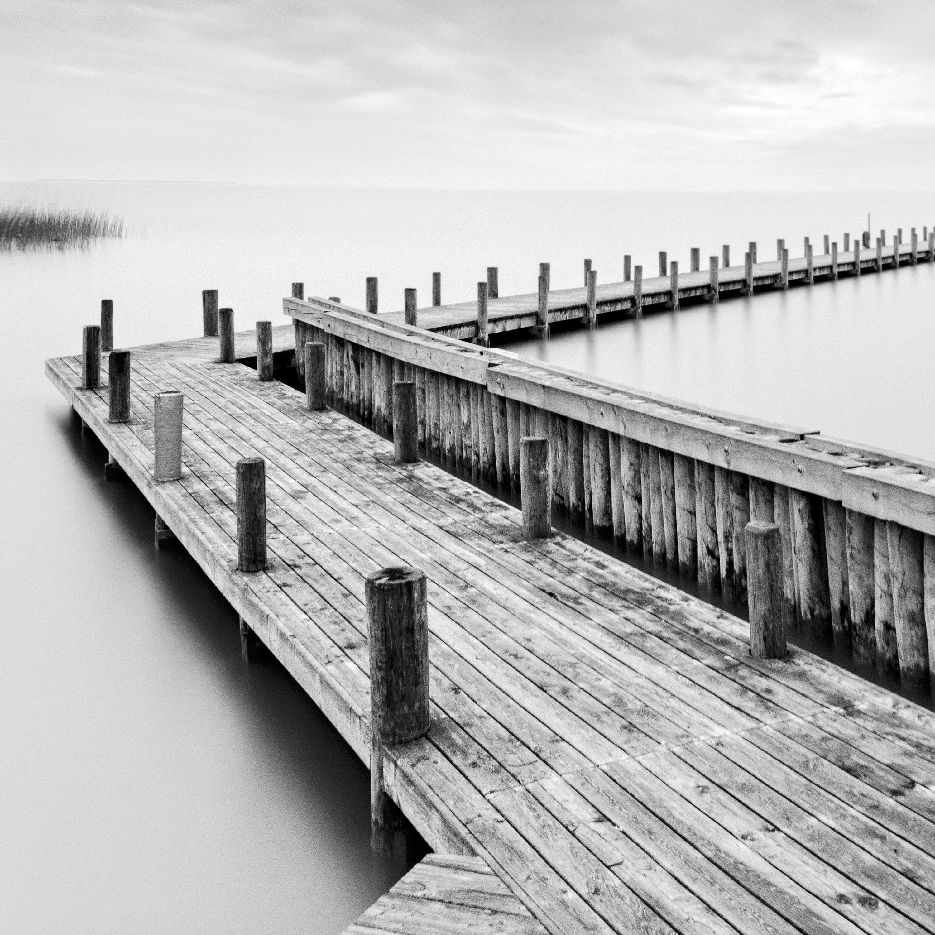 Wood Pier, lake, storm, black & white long exposure art waterscape photography For Sale 4
