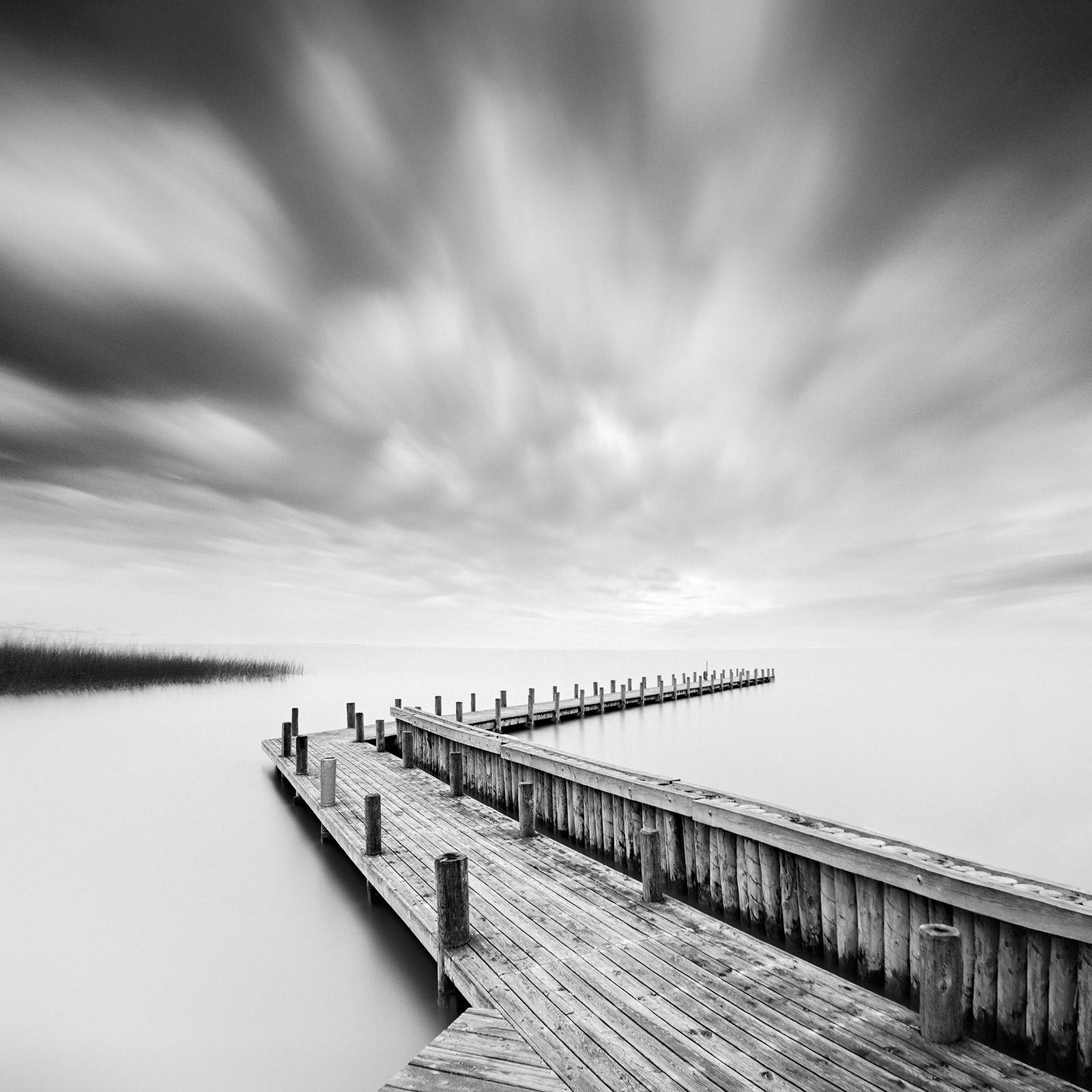 Gerald Berghammer Landscape Photograph - Wood Pier, lake, storm, black & white long exposure art waterscape photography