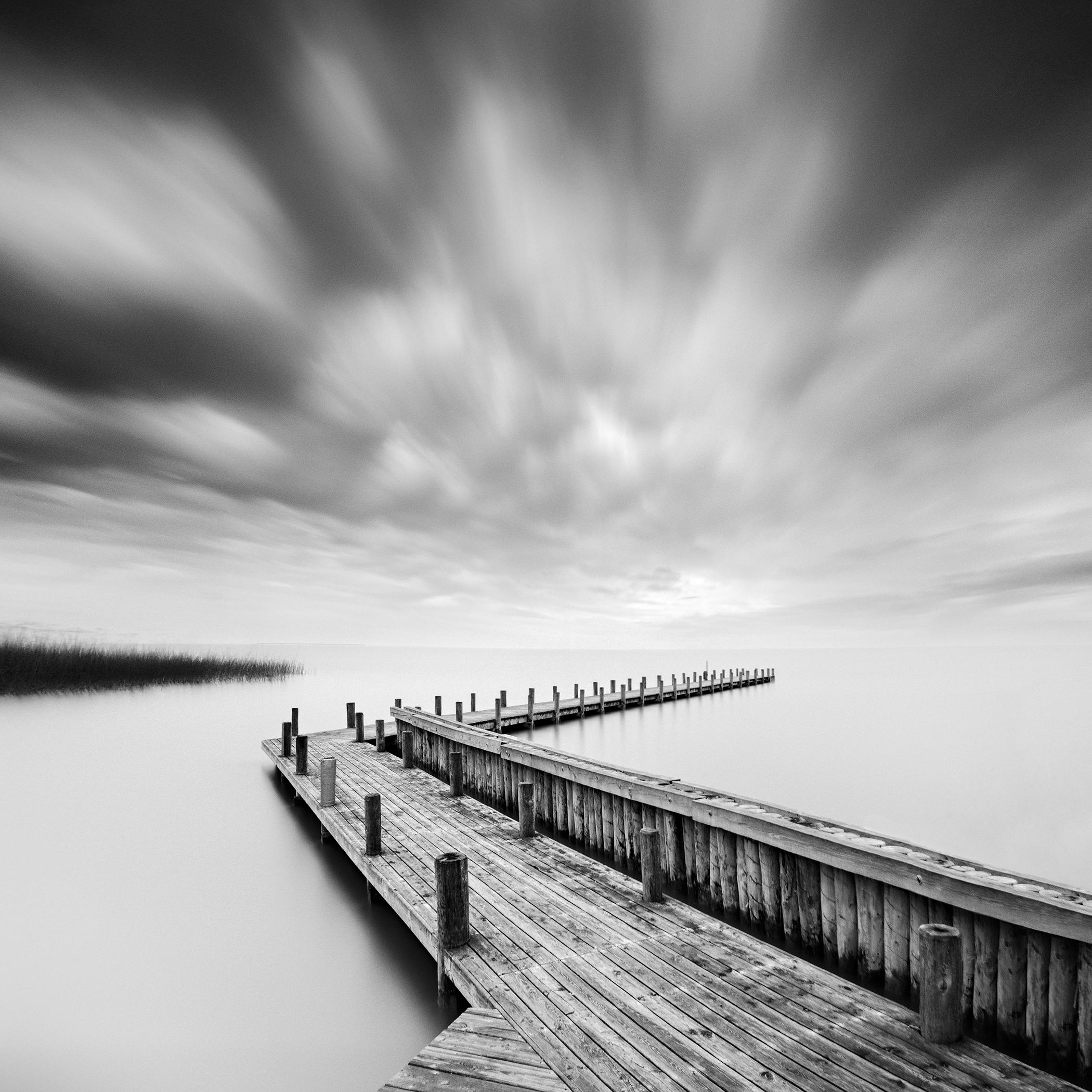 Wood Pier on Lake During Storm, Long Exposure Black and White Waterscape Photo