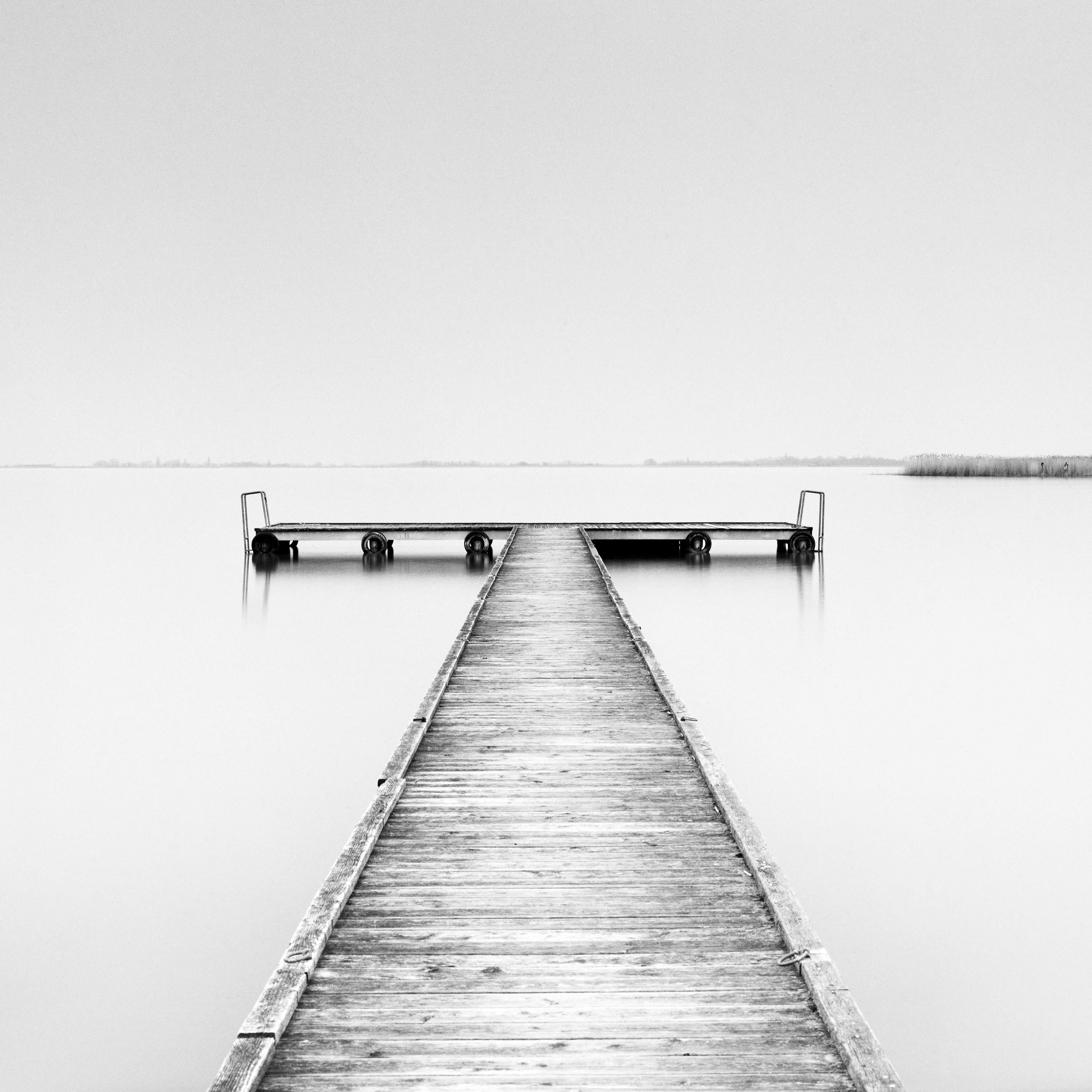 Wood Pier Panorama, minimalist black and white waterscape photography art print For Sale 3
