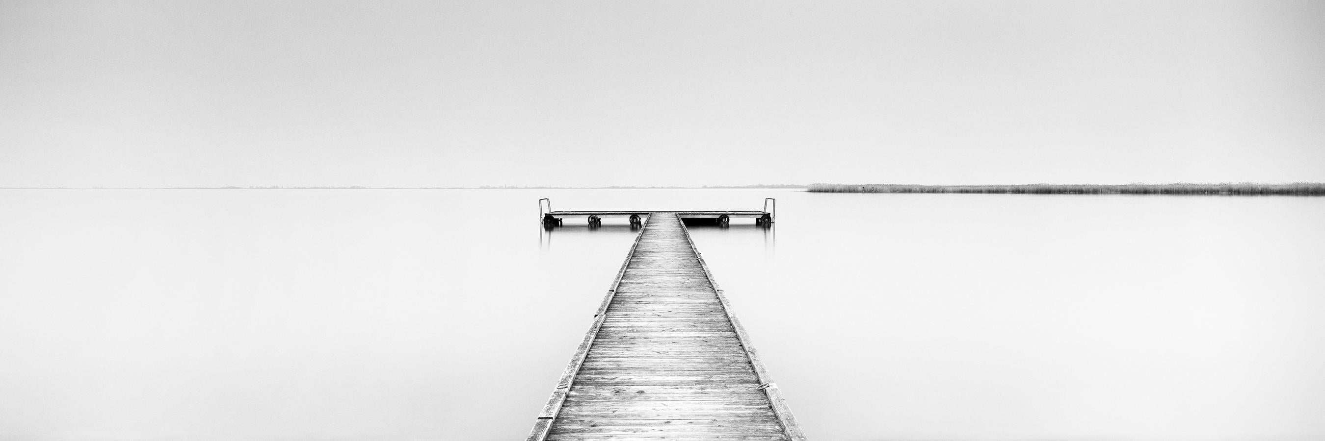 Gerald Berghammer Landscape Photograph - Wood Pier Panorama, minimalist black and white waterscape photography art print