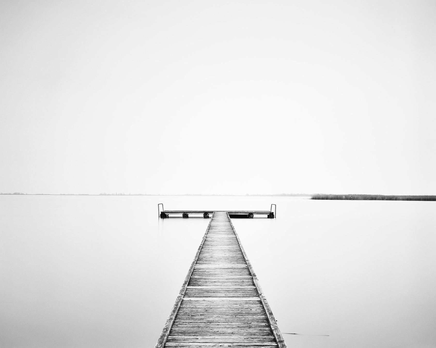 Gerald Berghammer Black and White Photograph - Wood Pier, sunny morning, limited edition black and white photography, watescape
