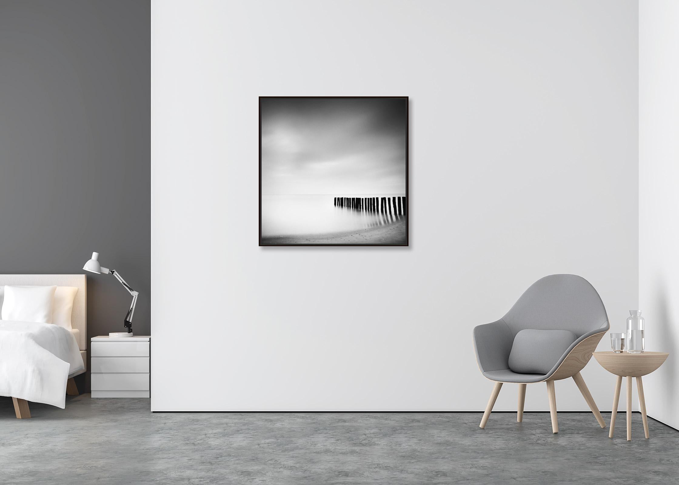 Wood Stakes, Netherlands, Black and White waterscape long exposure photography - Contemporary Photograph by Gerald Berghammer