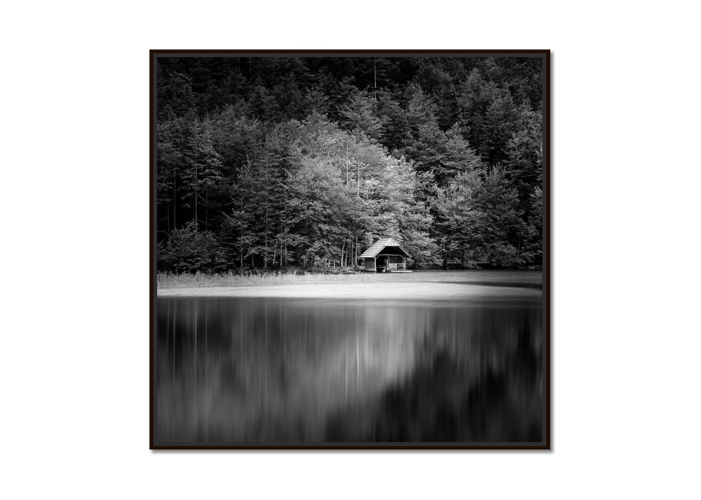 Wooden Boat House, black and white long exposure photography, fine art landscape - Photograph by Gerald Berghammer