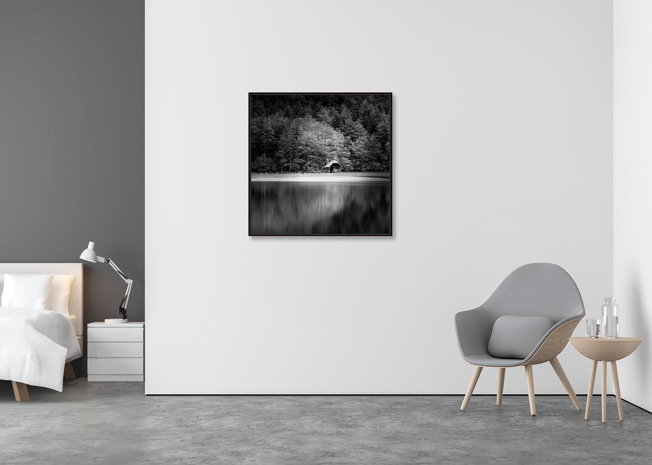 Wooden Boat House, black and white long exposure photography, fine art landscape - Contemporary Photograph by Gerald Berghammer