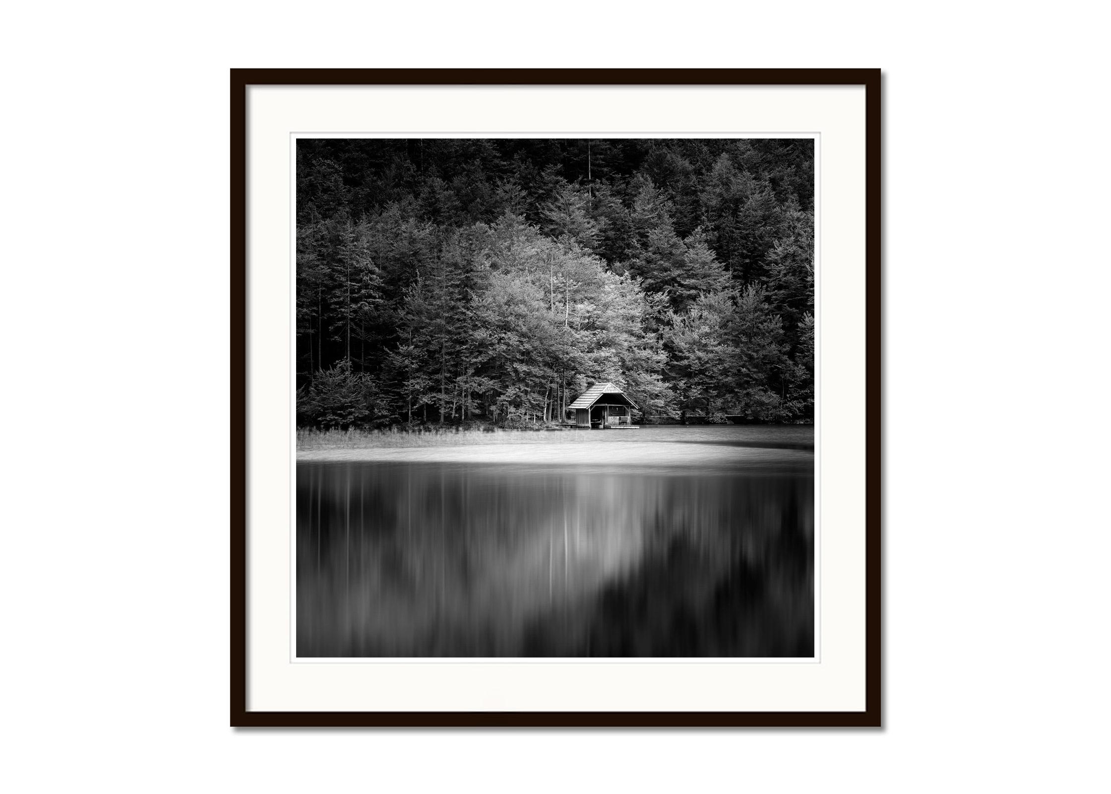 Wooden Boat House, black and white long exposure photography, fine art landscape - Black Landscape Photograph by Gerald Berghammer