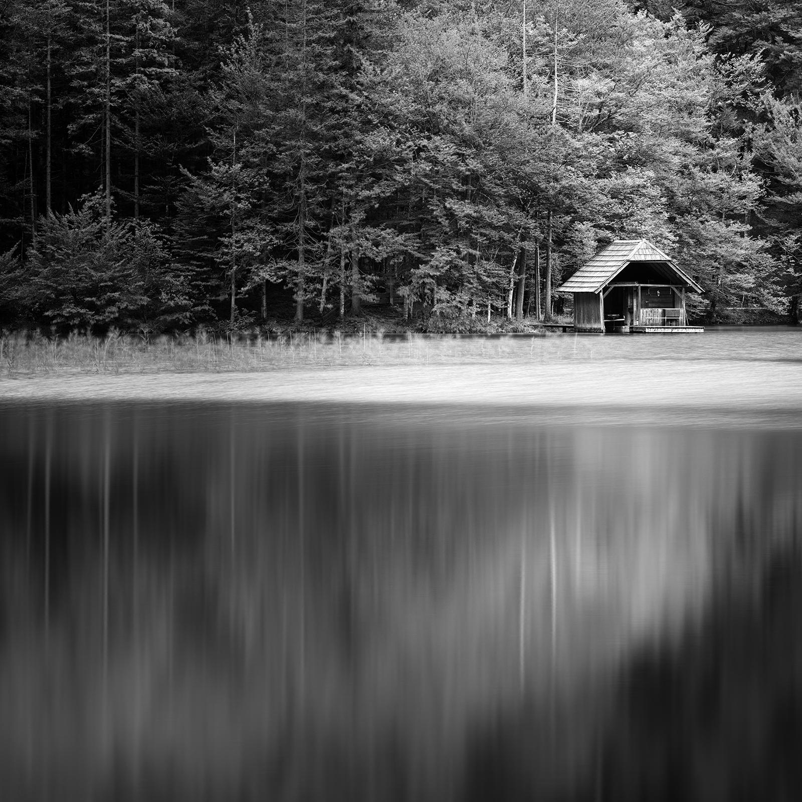 Wooden Boat House, black and white long exposure photography, fine art landscape For Sale 4