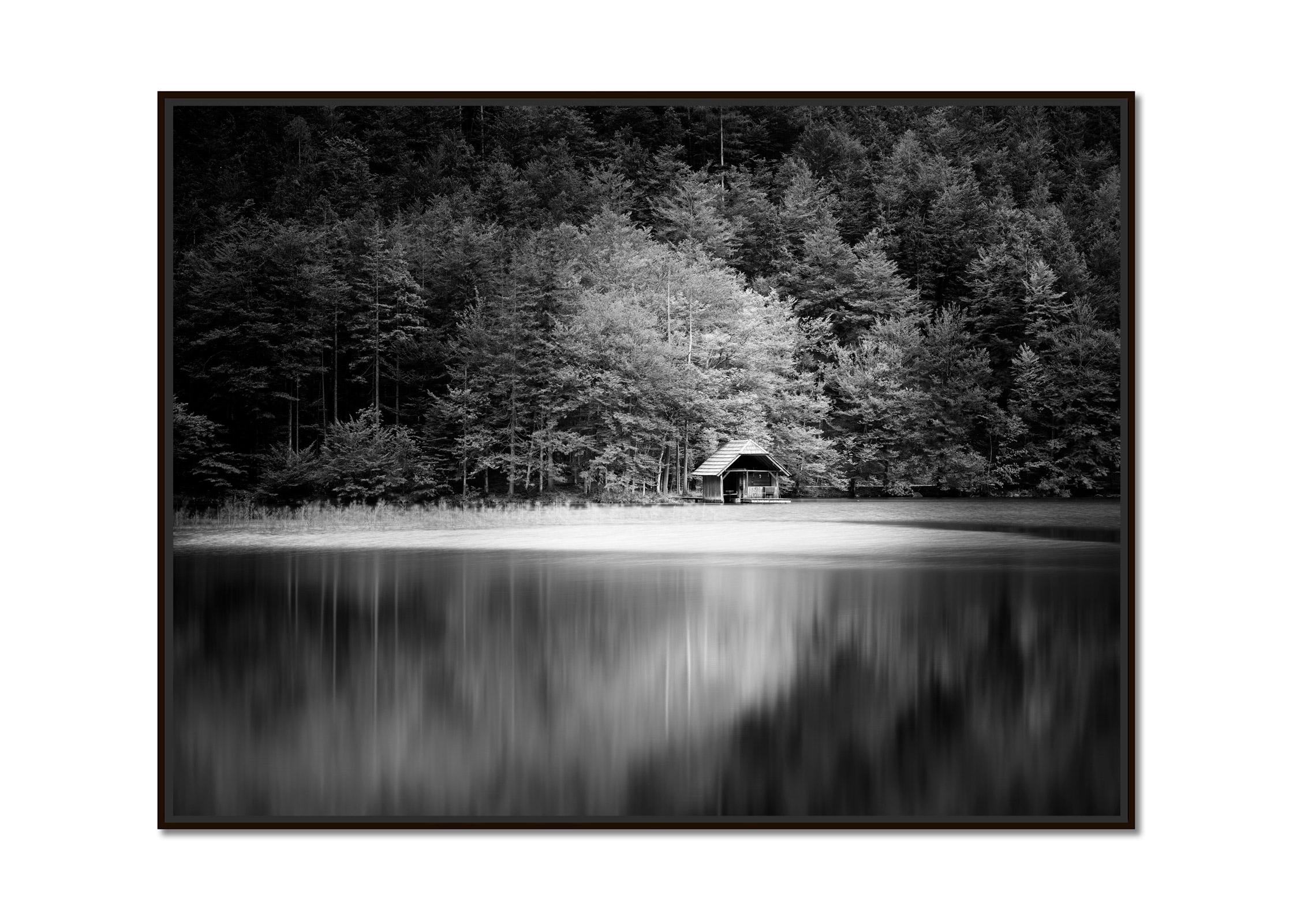 Wooden Boat House, Lake, Forest, Austria, black and white photography, landscape - Photograph by Gerald Berghammer