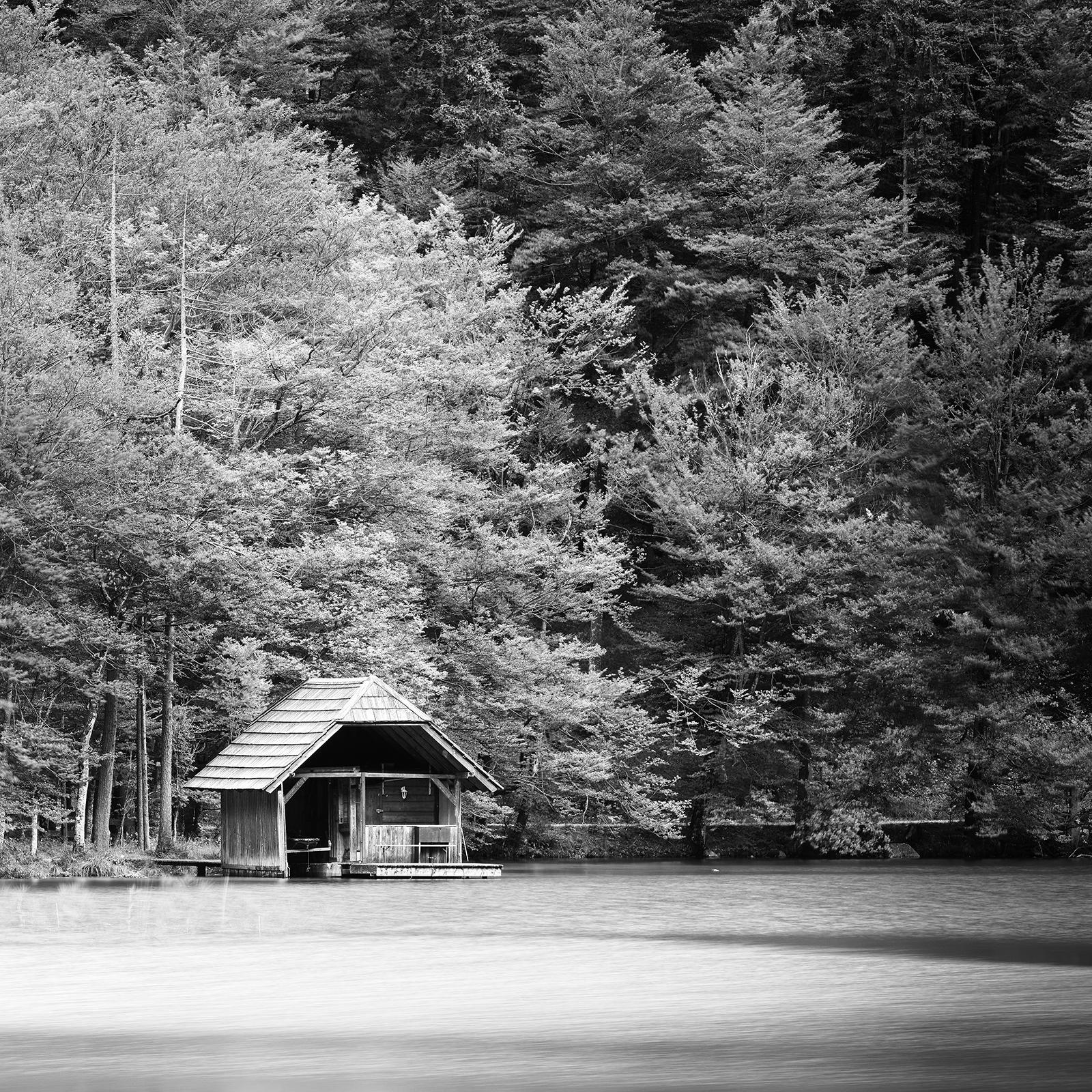 Wooden Boat House, Lake, Forest, Austria, black and white photography, landscape For Sale 1