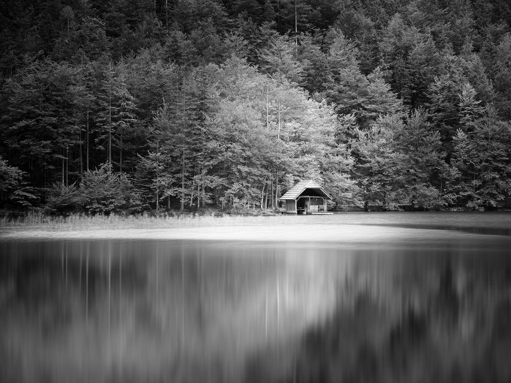 Wooden Boat House, Lake, Forest, Austria, black and white photography, landscape