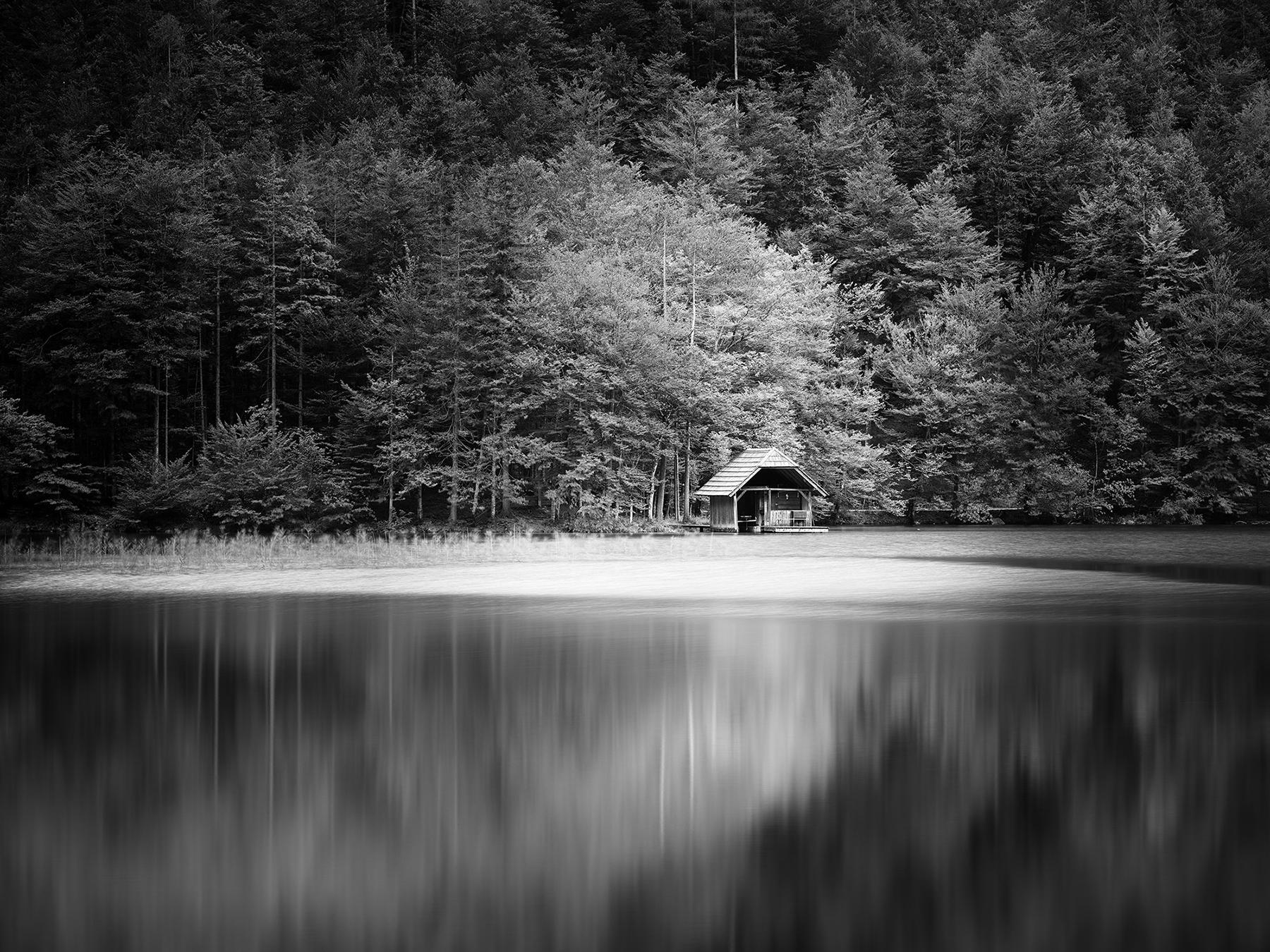Gerald Berghammer Black and White Photograph - Wooden Boat House, Lake, Forest, Austria, black and white photography, landscape