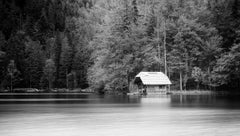 Wooden Boat House Panorama, Austria, black and white art waterscape photography 
