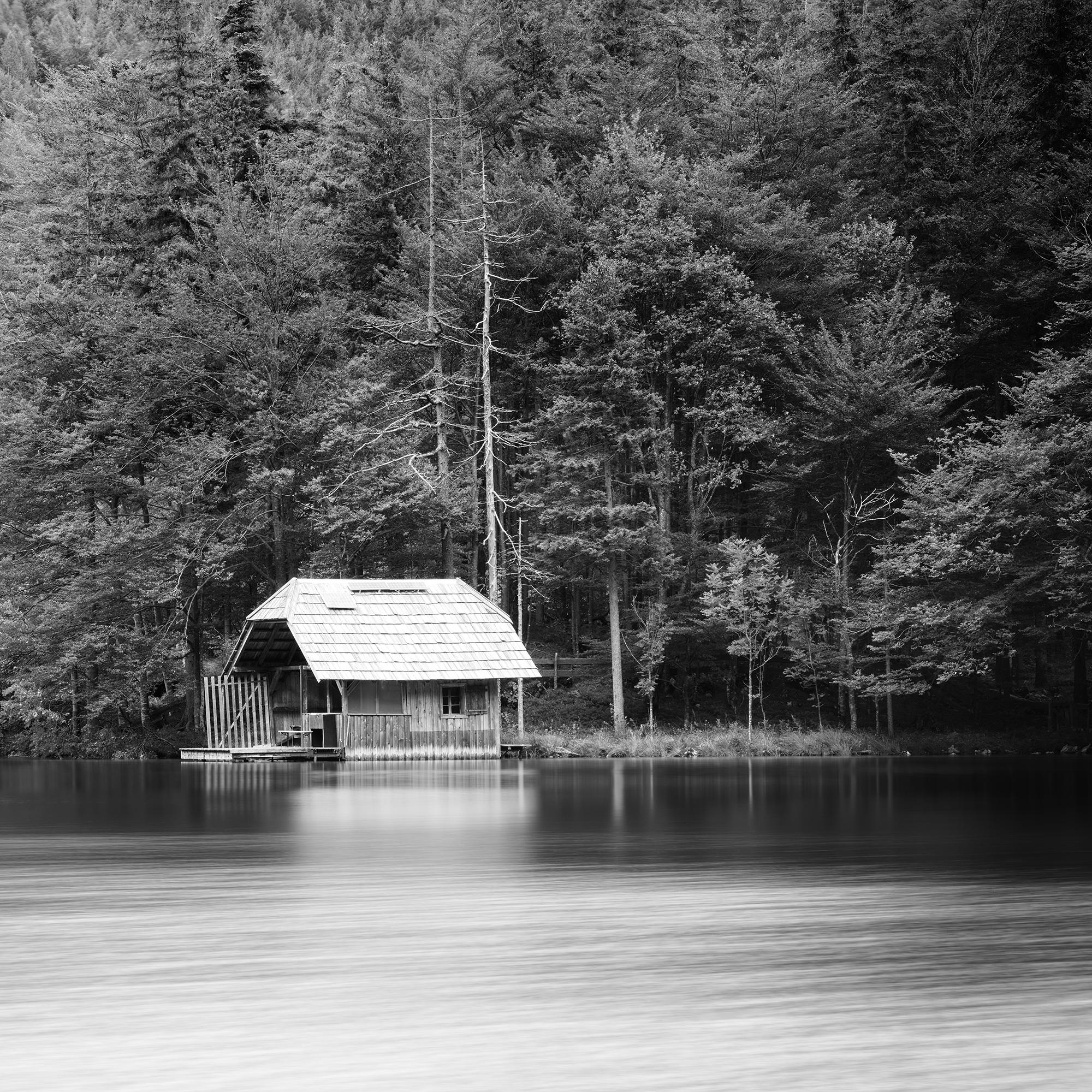 Panorama d'un bateau en bois, Autriche, photographie d'art en noir et blanc d'un paysage aquatique en vente 6