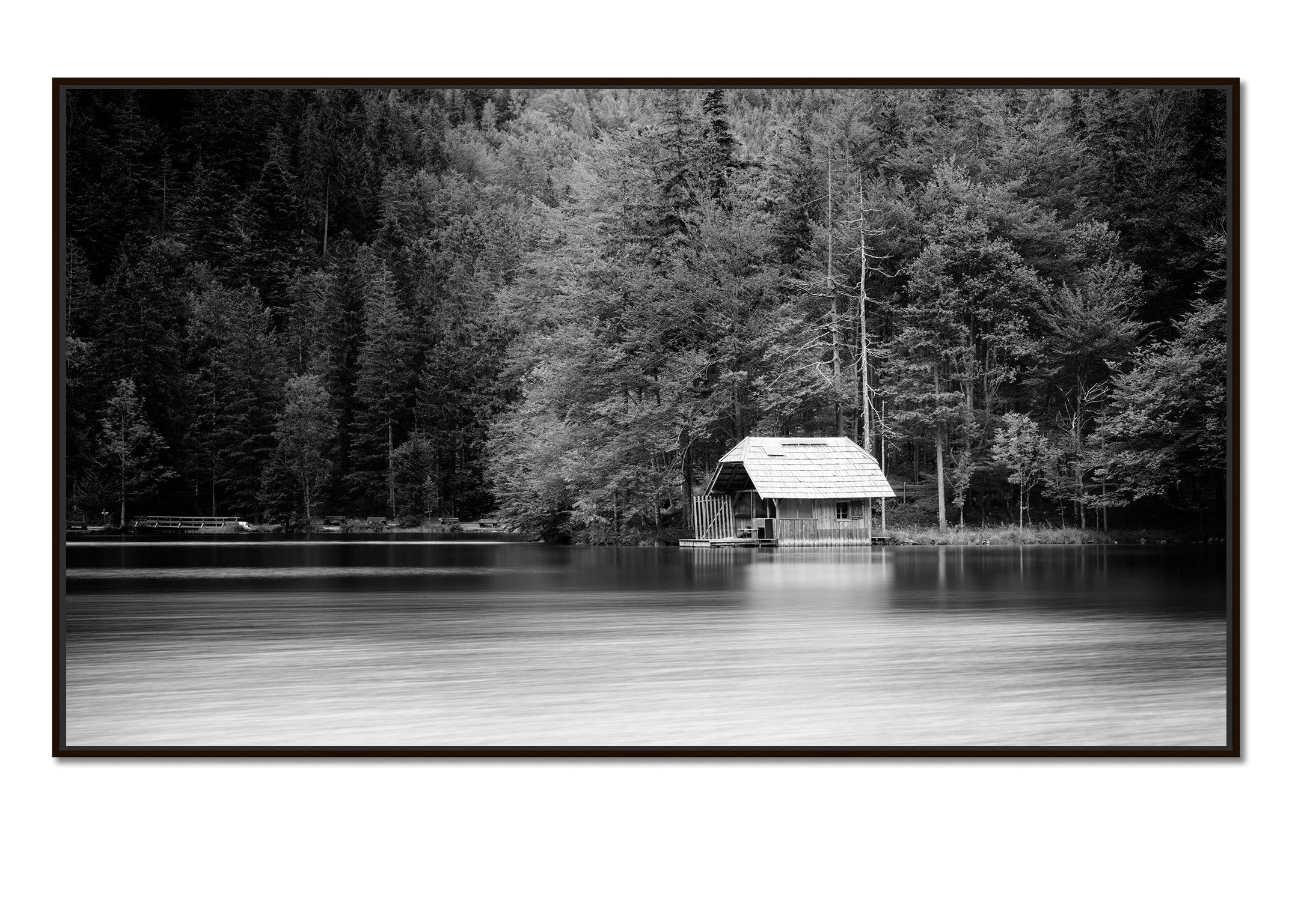 Wooden Boat House Panorama, Austria, black and white art waterscape photography  - Photograph by Gerald Berghammer