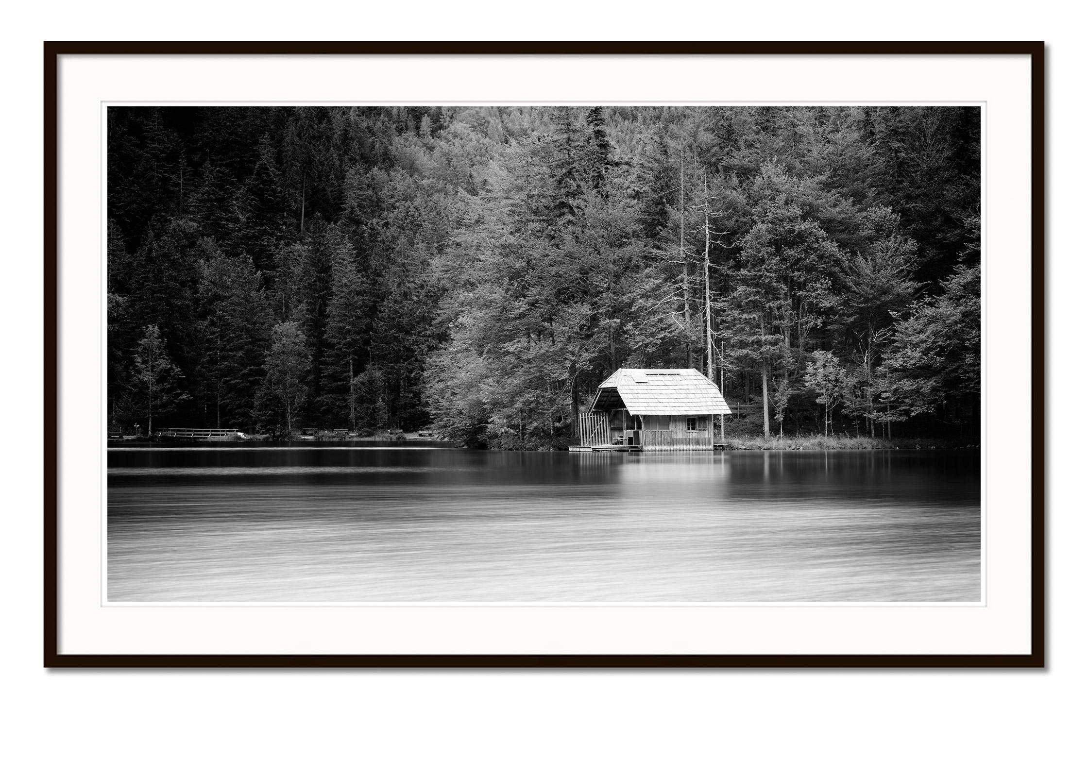 Wooden Boat House Panorama, Austria, black and white art waterscape photography  - Contemporary Photograph by Gerald Berghammer