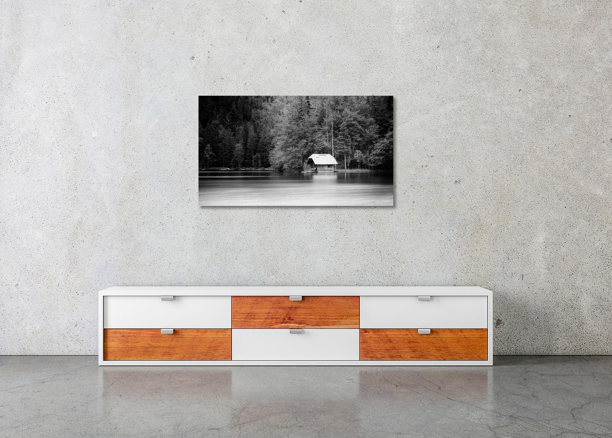 Wooden Boat House Panorama, Austria, black and white art waterscape photography  For Sale 1