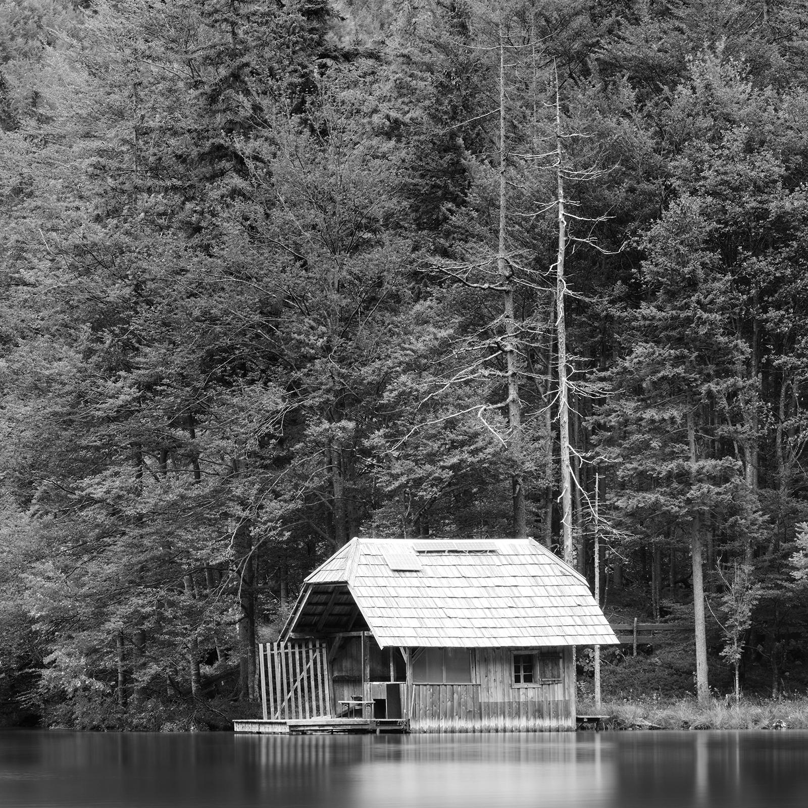 Wooden Boat House Panorama, Austria, black and white art waterscape photography  For Sale 2