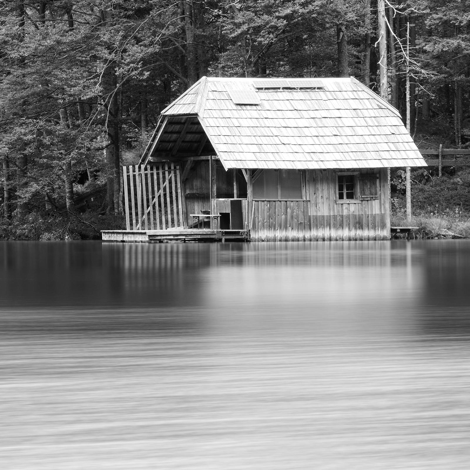 Wooden Boat House Panorama, Austria, black and white art waterscape photography  For Sale 3