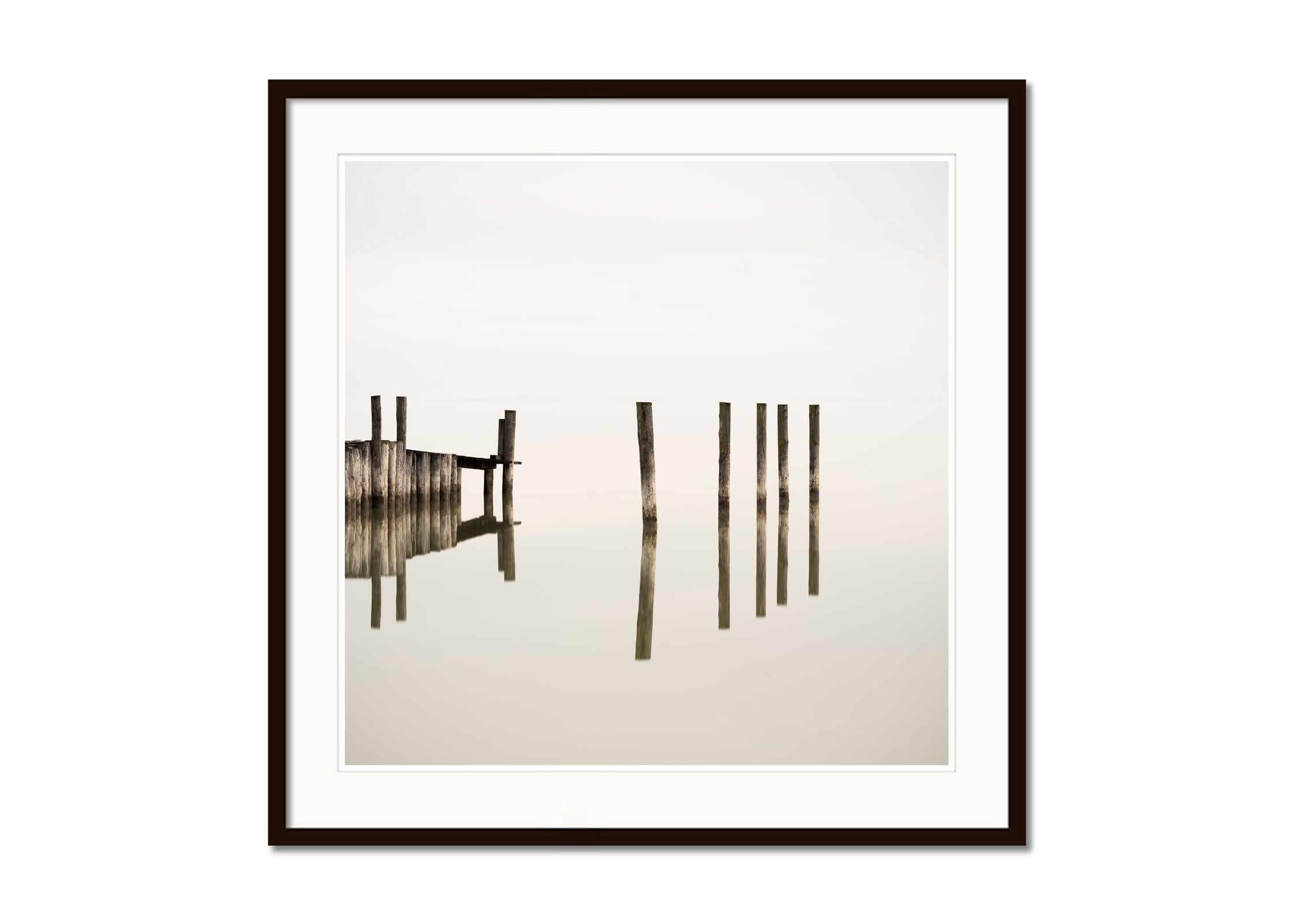 Wooden Pegs in the Lake, Farbfotografie, limitierte Auflage, Meereslandschaft, Landschaft (Beige), Landscape Photograph, von Gerald Berghammer