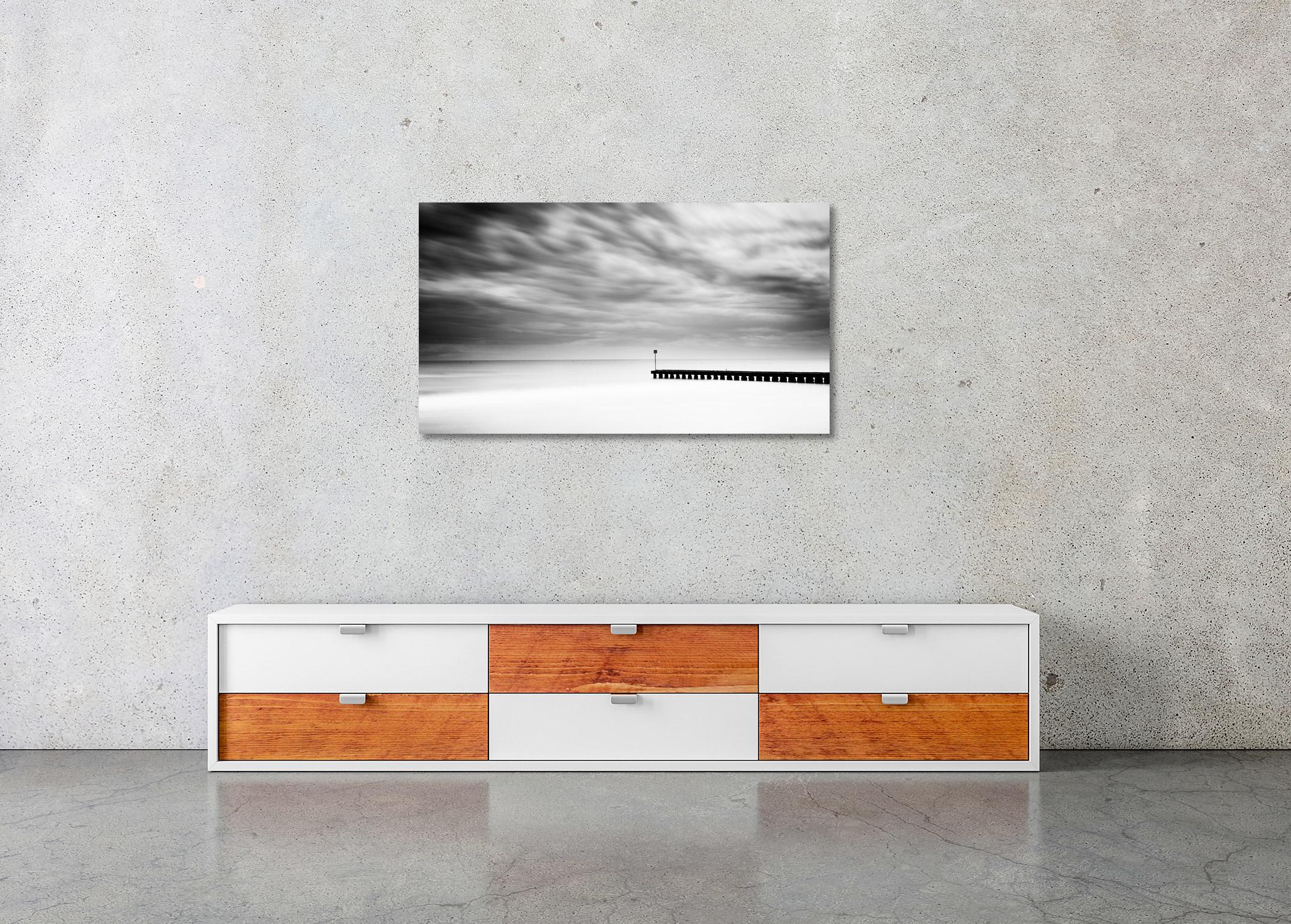 Wooden Pier in the Sea, Panorama, stormy Weather, black and white landscape For Sale 1