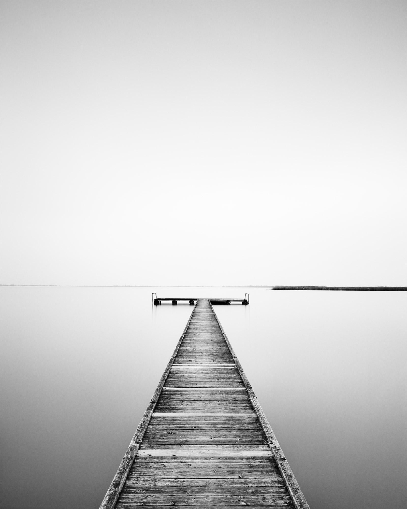 Gerald Berghammer Landscape Photograph - Wooden Pier on Lake, Austria, black and white fine art photography, landscape