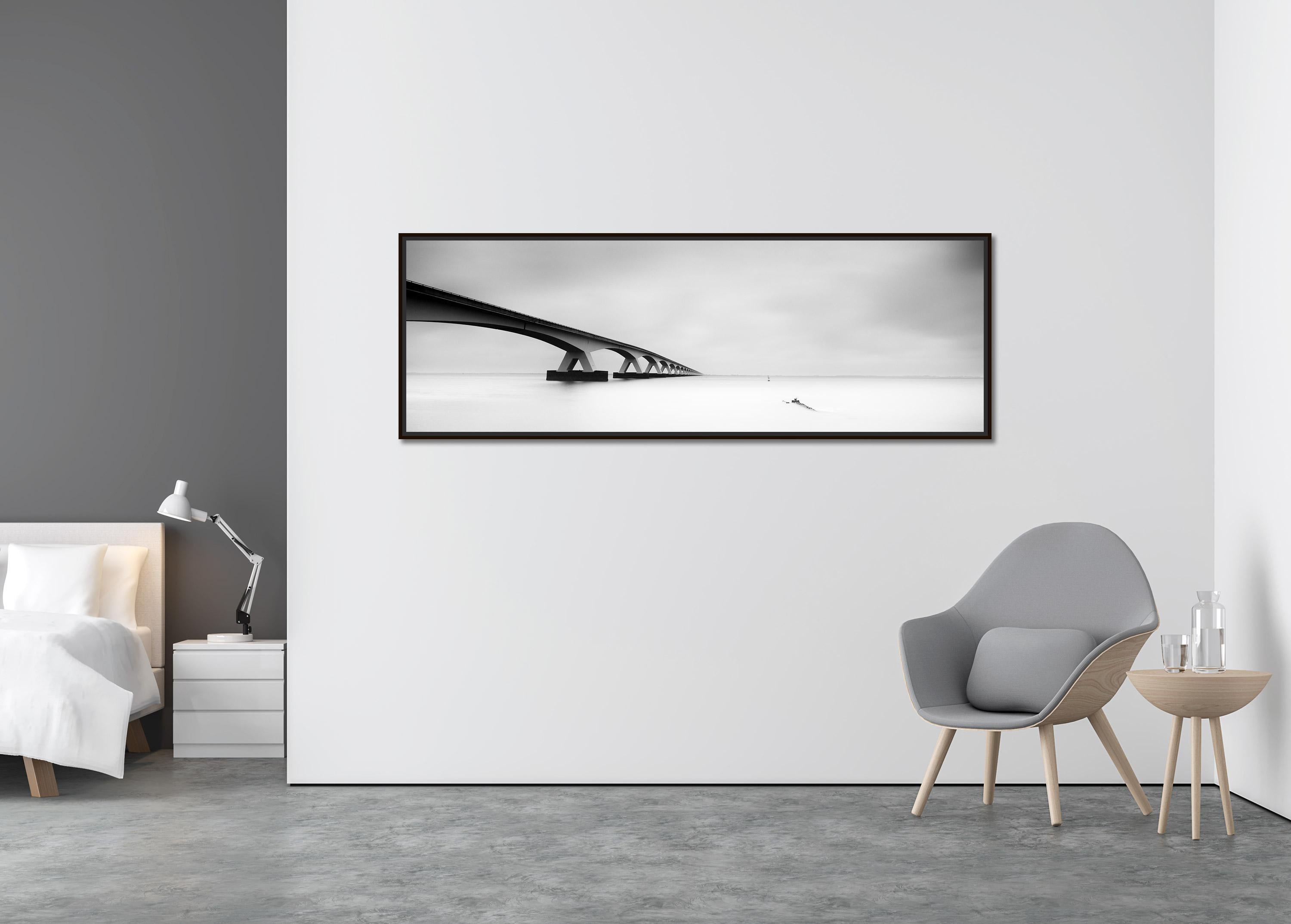 Zeeland Bridge Panorama, Netherlands, black and white waterscape art photography - Contemporary Photograph by Gerald Berghammer
