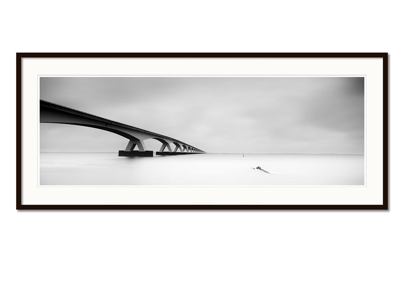 Zeeland Bridge Panorama, Netherlands, black & white photograph, limited edition - Gray Landscape Photograph by Gerald Berghammer