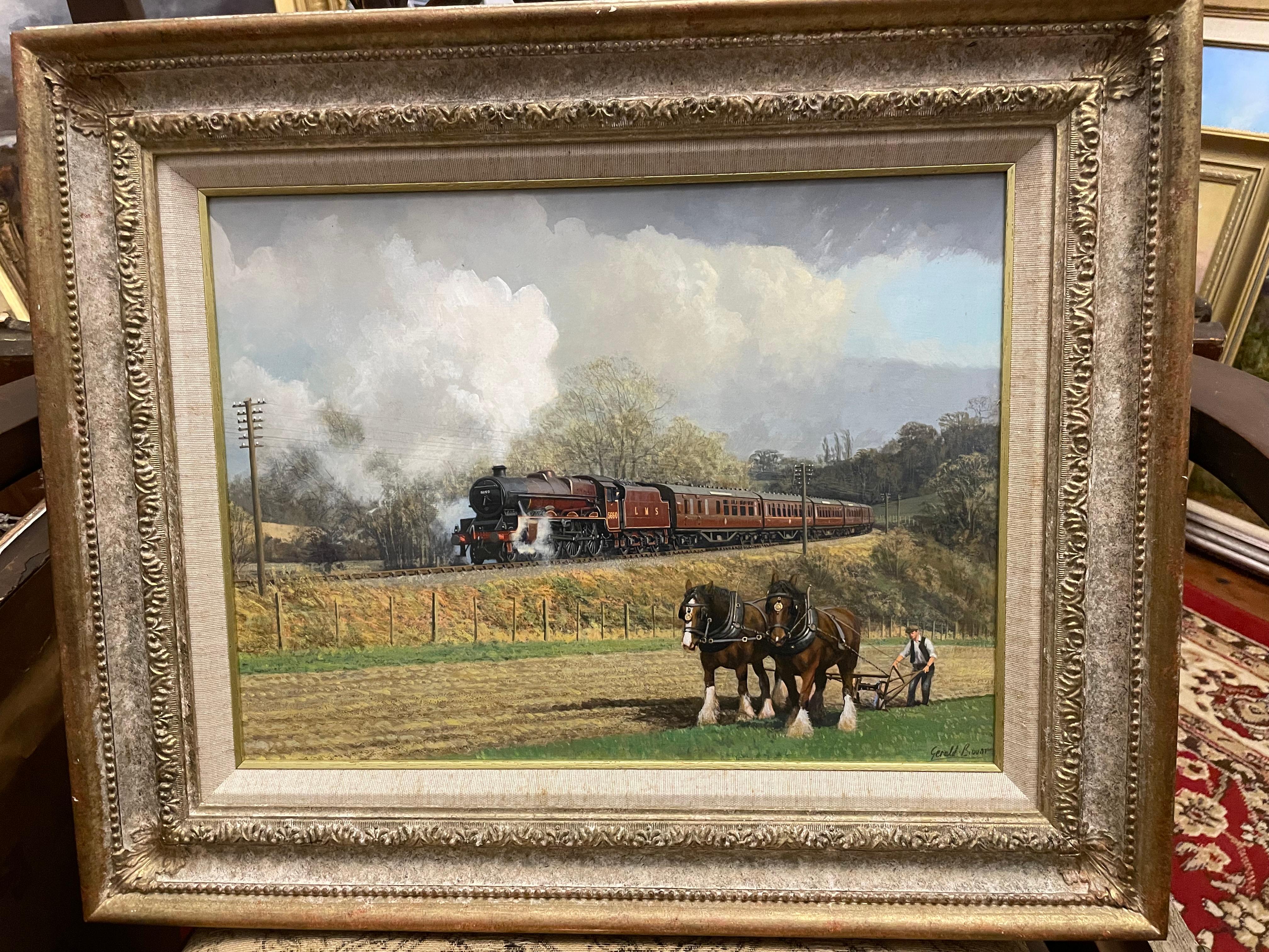 LMS Locomotive passing Ploughman - Beige Landscape Painting by Gerald Bloom