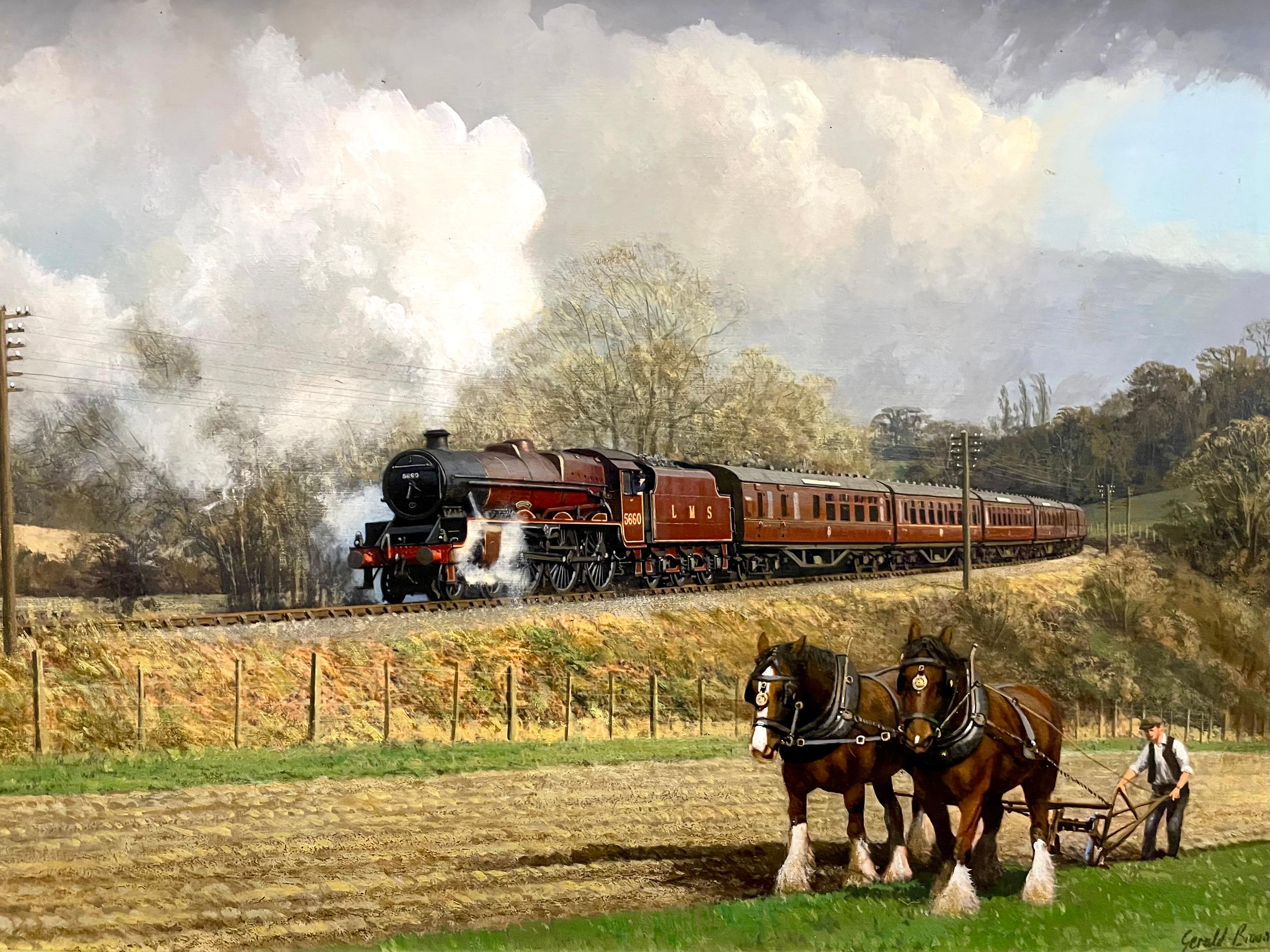 Gerald Bloom Landscape Painting - LMS Locomotive passing Ploughman