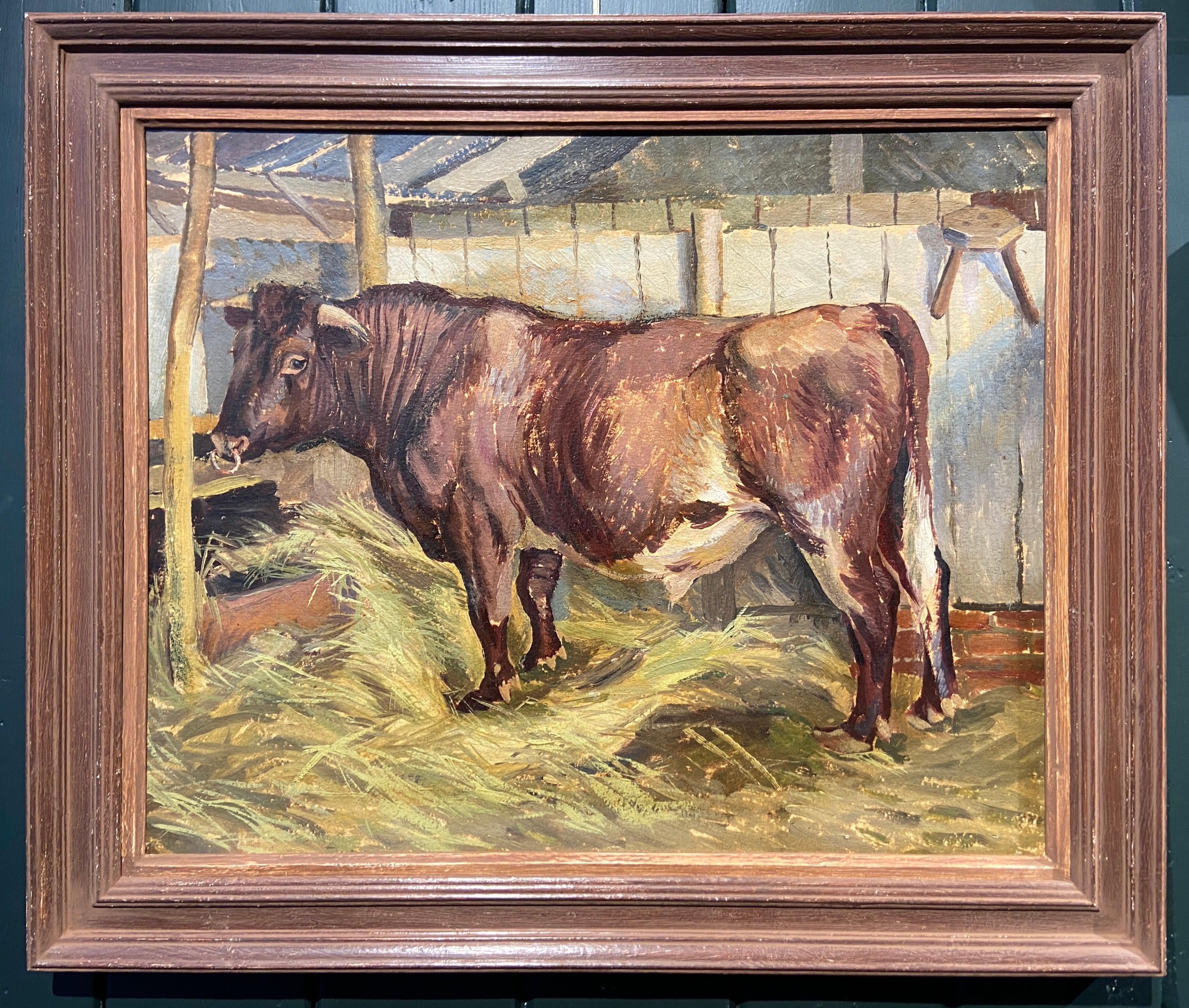 Oil on board, signed and inscribed on reverse
Image size: 16 x 19 1/2 inches (40.5 x 49.5 cm)

A charming painting of a Bull in a farmyard. The intense realism of the work elevates the beast: the distinctive markings and the coarse fur that covers