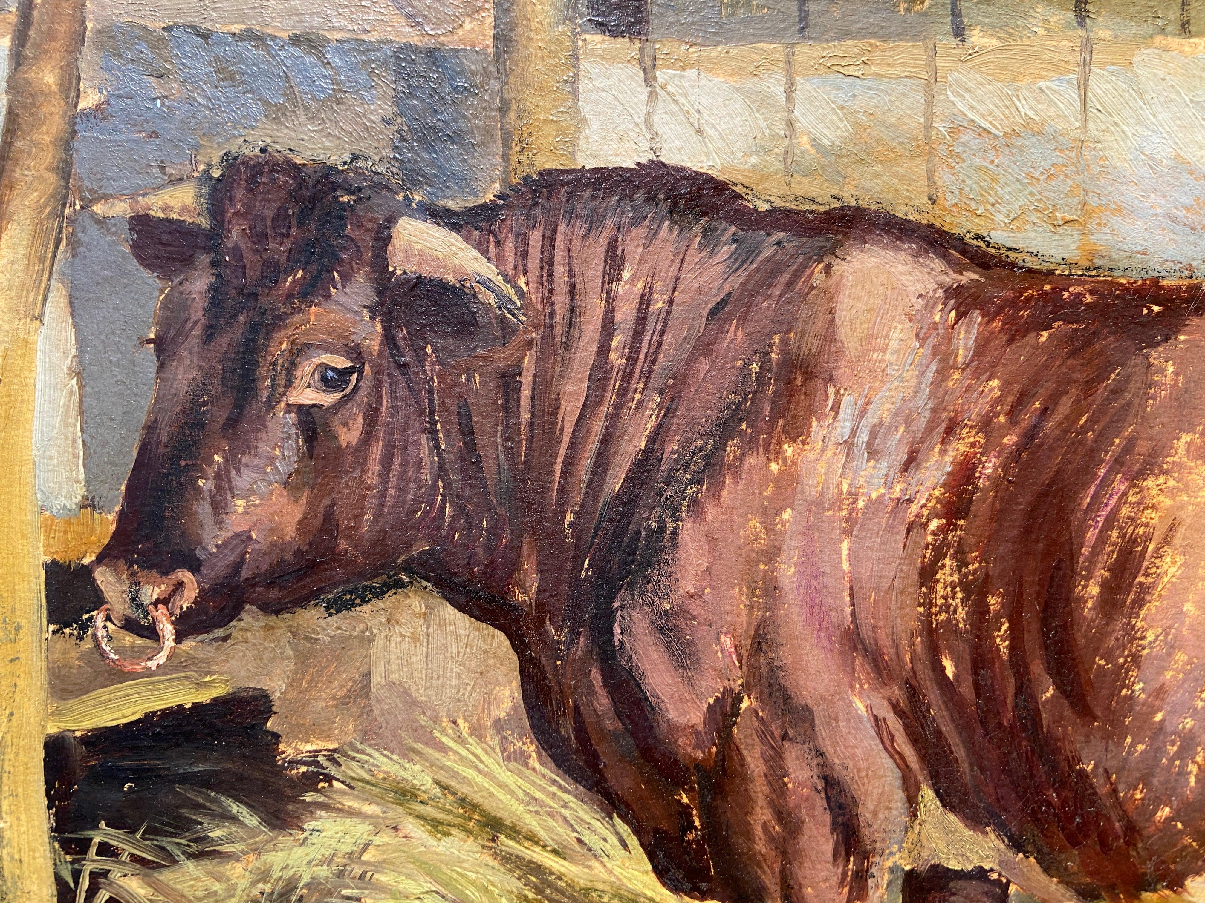 Little Bull, 20th Century Farmyard Oil Painting, Signed and Inscribed For Sale 1