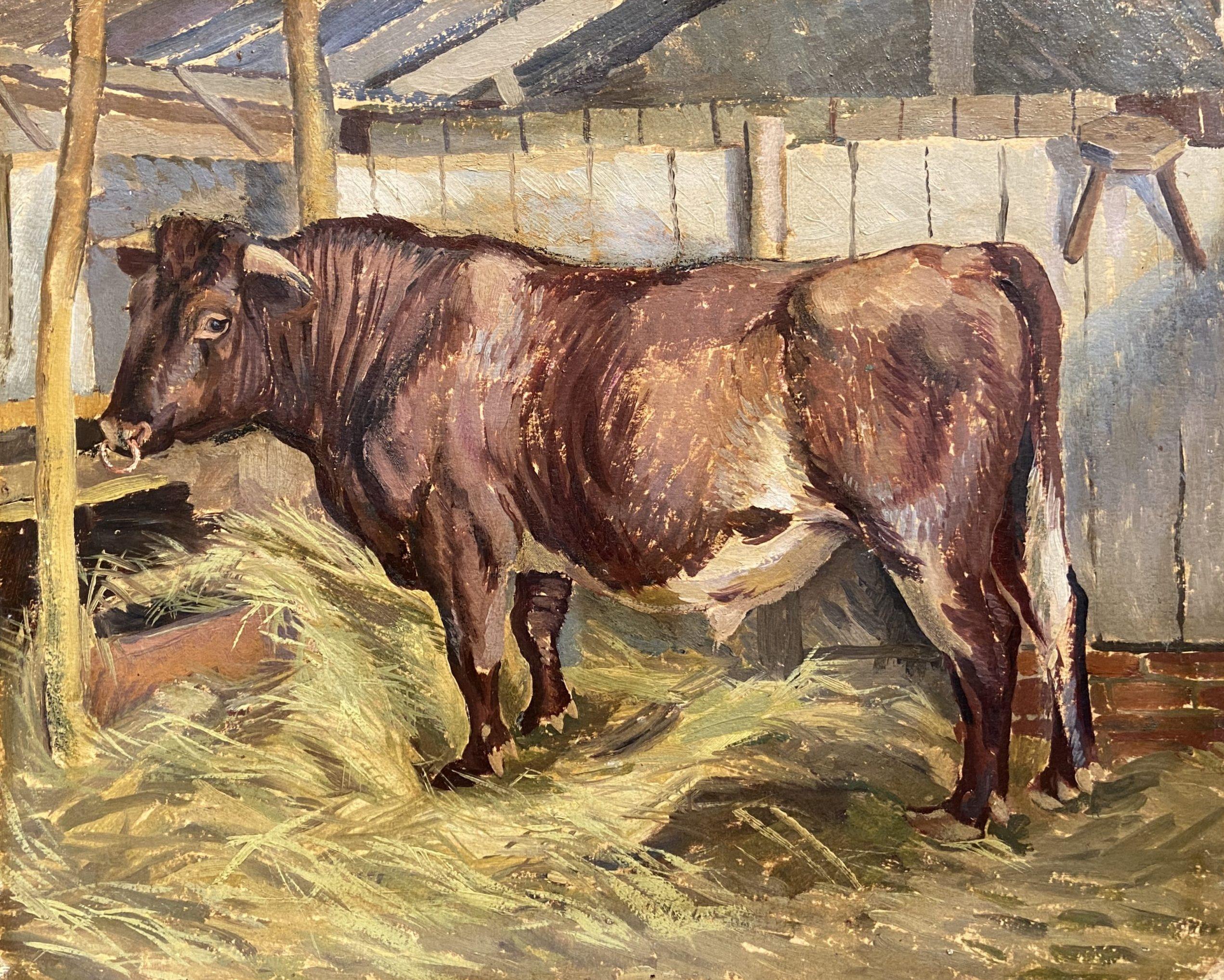 Peinture à l'huile du 20e siècle représentant un petit taureau dans une ferme, signée et inscrite