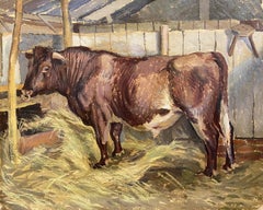 Kleiner Stier, Ölgemälde auf dem Bauernhof des 20. Jahrhunderts, signiert und beschriftet