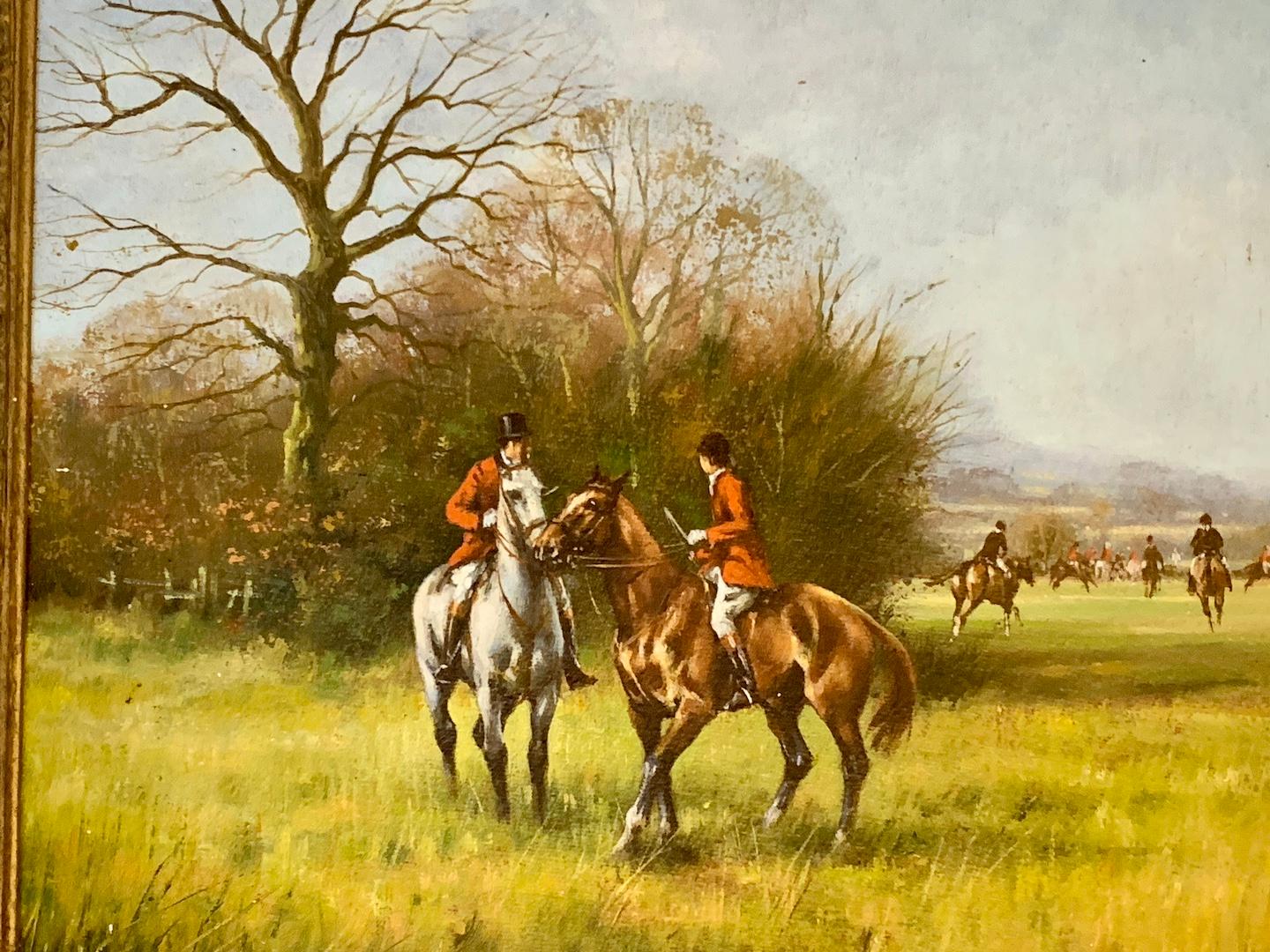English fox hunting scene with fox hounds, men up on horse back in a landscape - Painting by Gerald Coulson