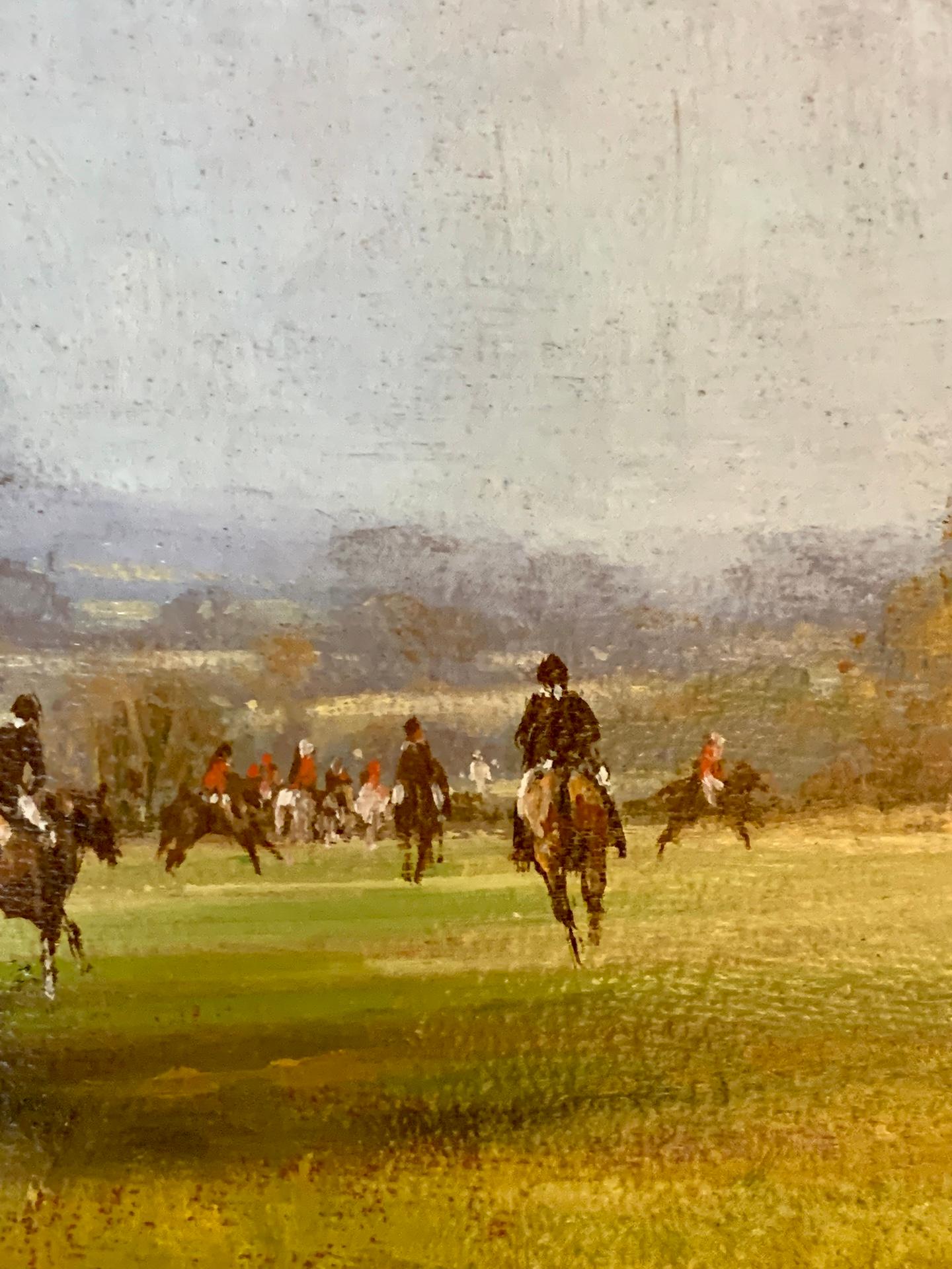 English fox hunting scene with fox hounds, men up on horse back in a landscape - Brown Figurative Painting by Gerald Coulson