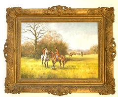 Vintage English fox hunting scene with fox hounds, men up on horse back in a landscape