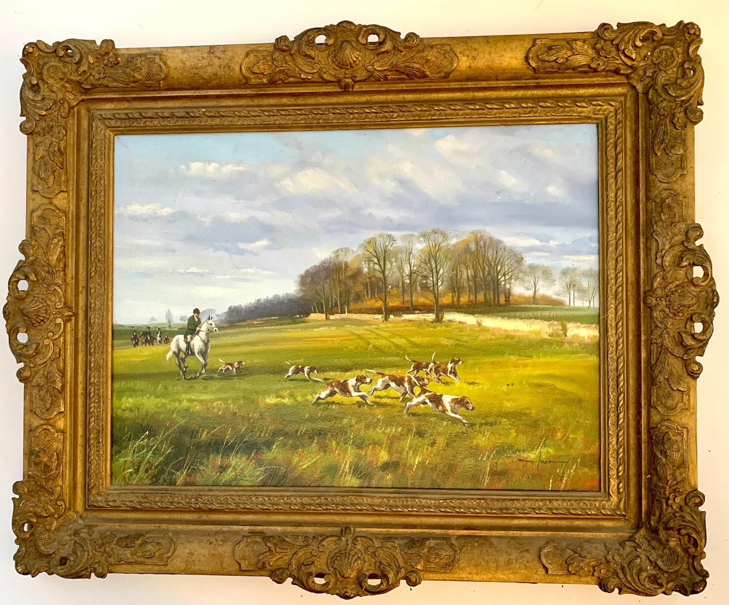 Gerald Coulson Figurative Painting - English fox hunting scene with fox hounds, men up on horse back in a landscape